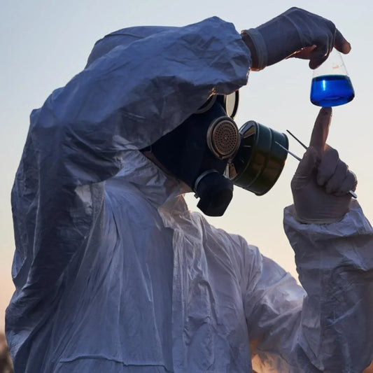 Personne en combinaison tenant un bécher, illustration pollution et gel antioxydant au ginkgo biloba.