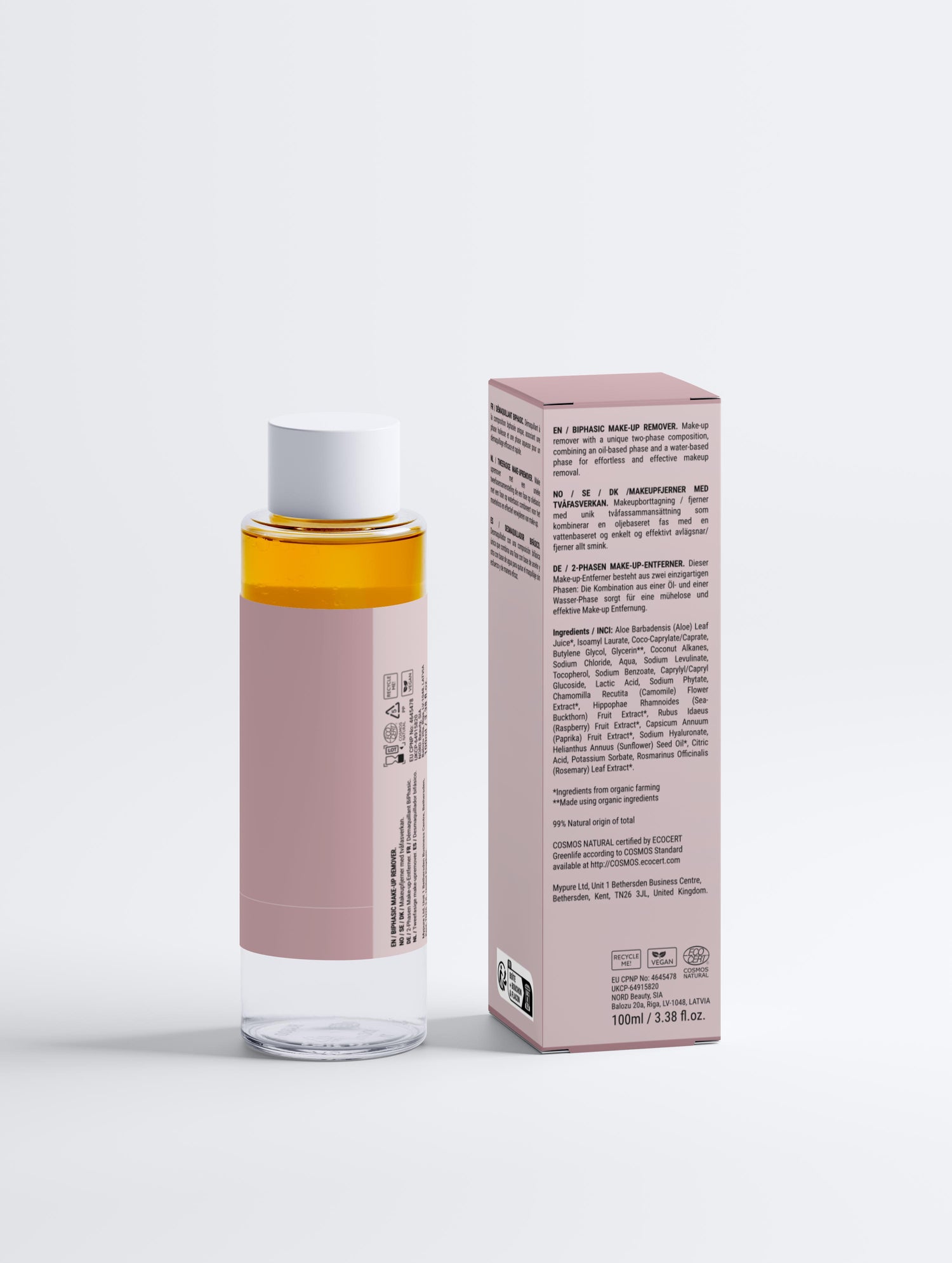 Packshot – Le Démaquillant Biphasé – boîte et flacon, dos, texte lisible – démaquillant pour les yeux – Seomse