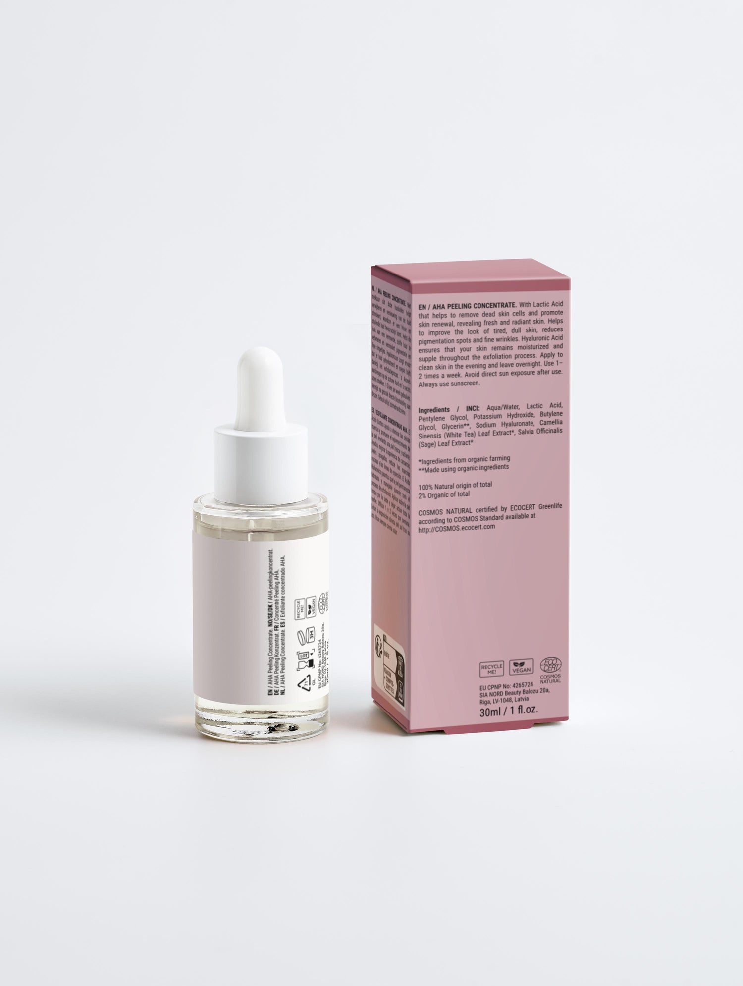 Détail – Le Concentré Exfoliant aux AHA – boîte et flacon, dos, texte lisible – lotion exfoliante – Seomse