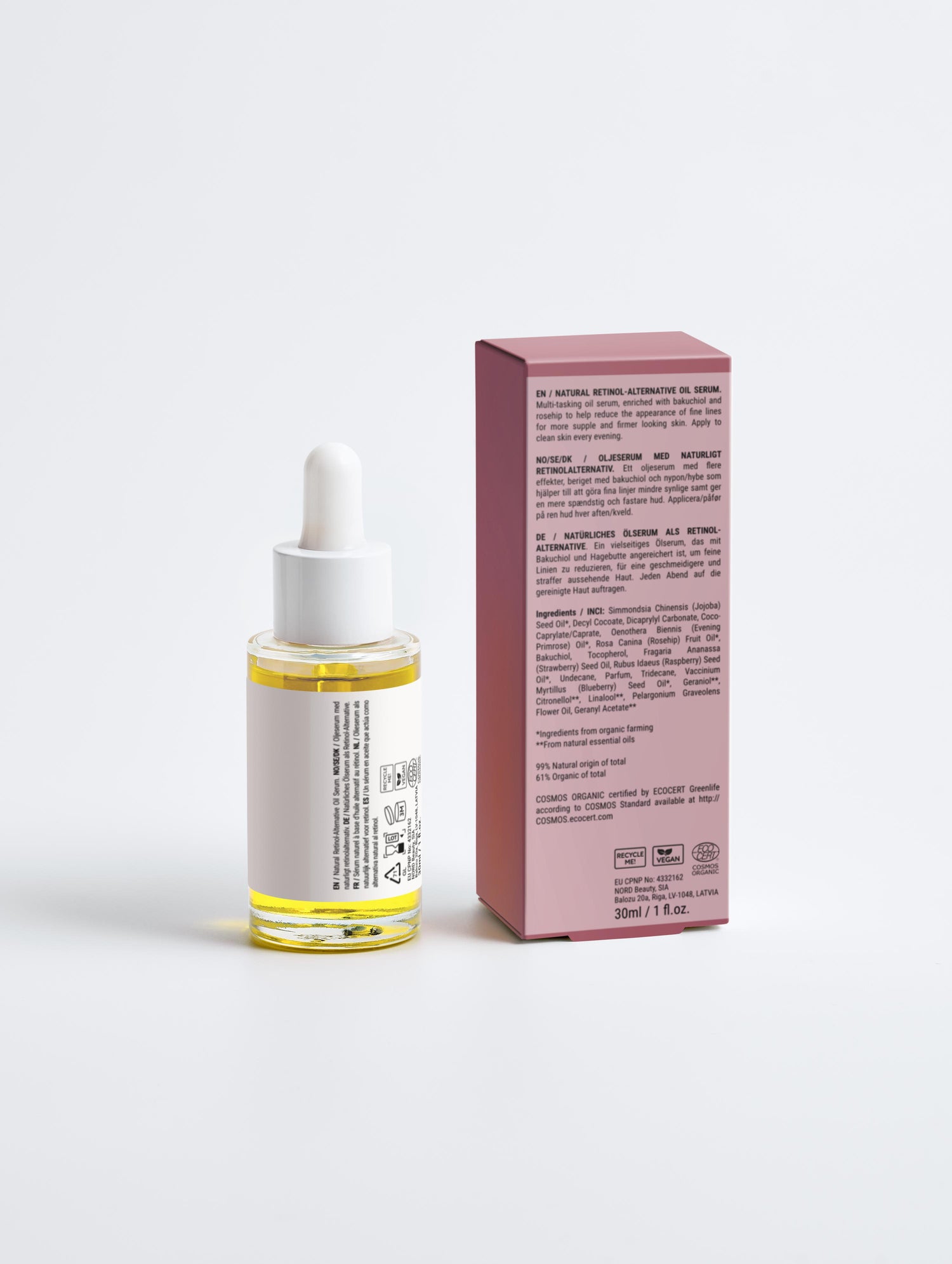Détail – Le Sérum Alternative Naturelle au Rétinol – boîte et flacon, dos, texte lisible – retinol – Seomse