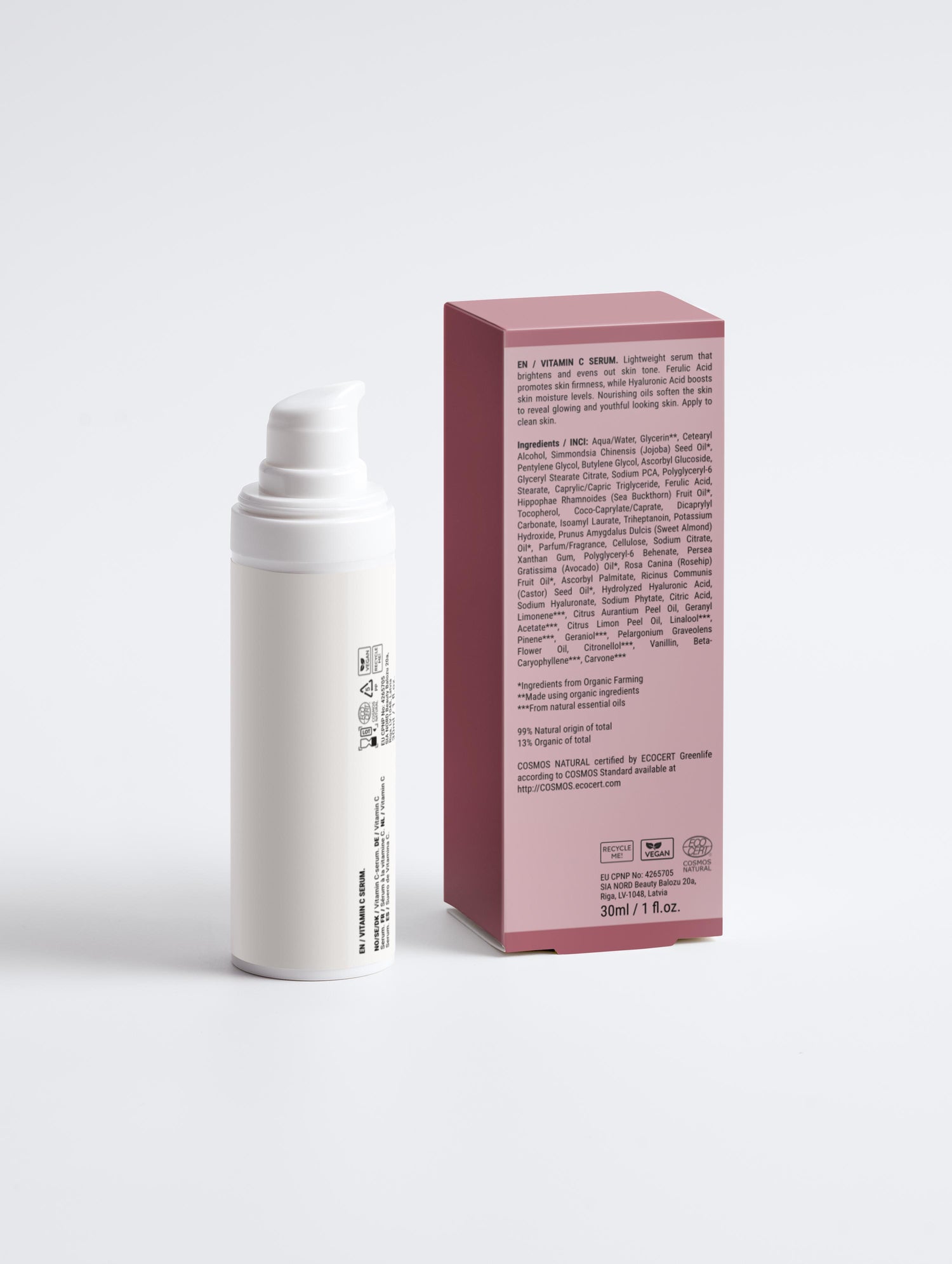 Détail – Le Sérum vitamine C – boîte et flacon, dos, texte lisible – ascorbyl glucoside – Seomse