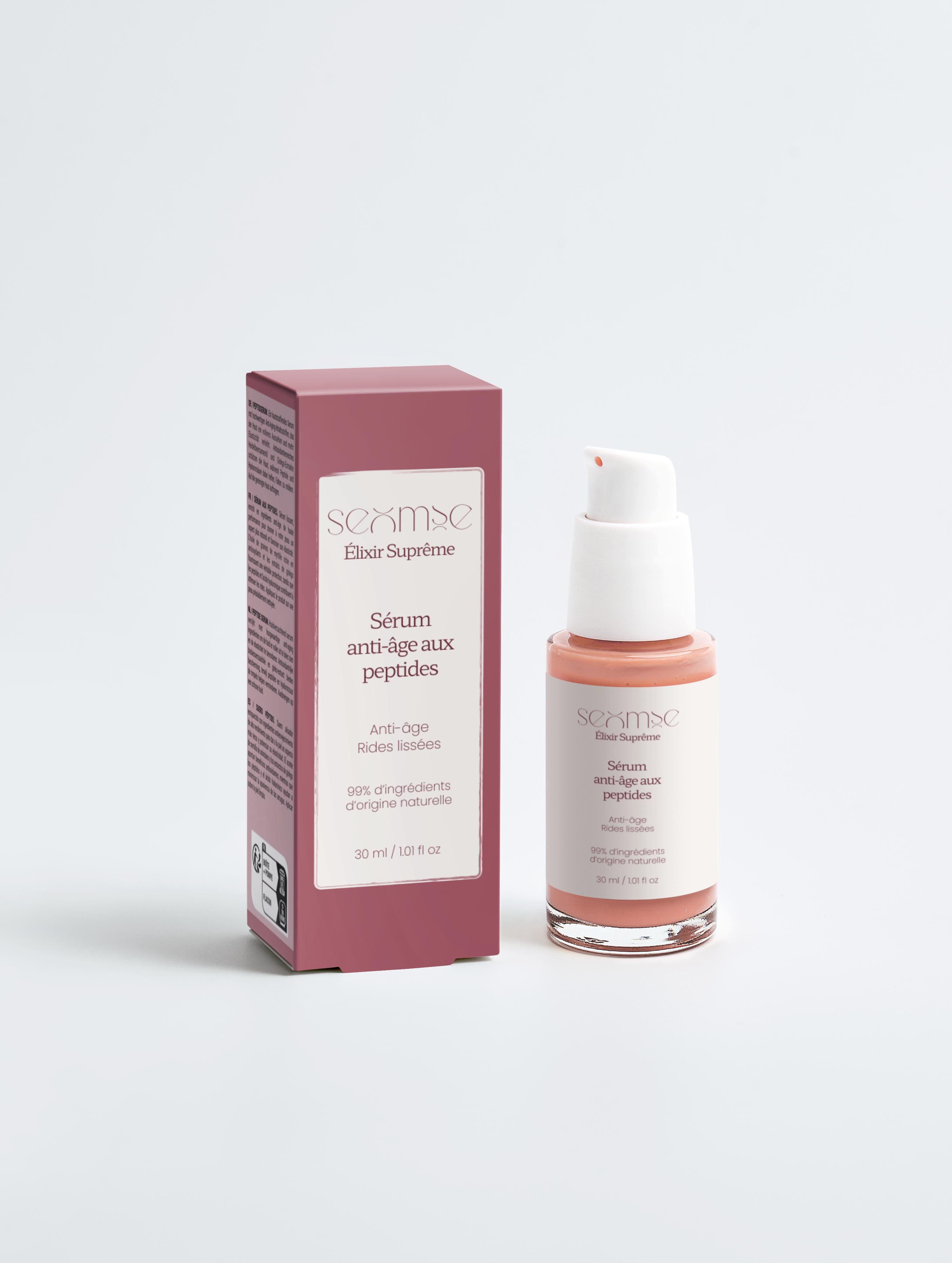 Packshot – Le Sérum Anti-Âge aux Peptides – boîte et flacon, face, fond neutre – sérum peptide visage – Seomse