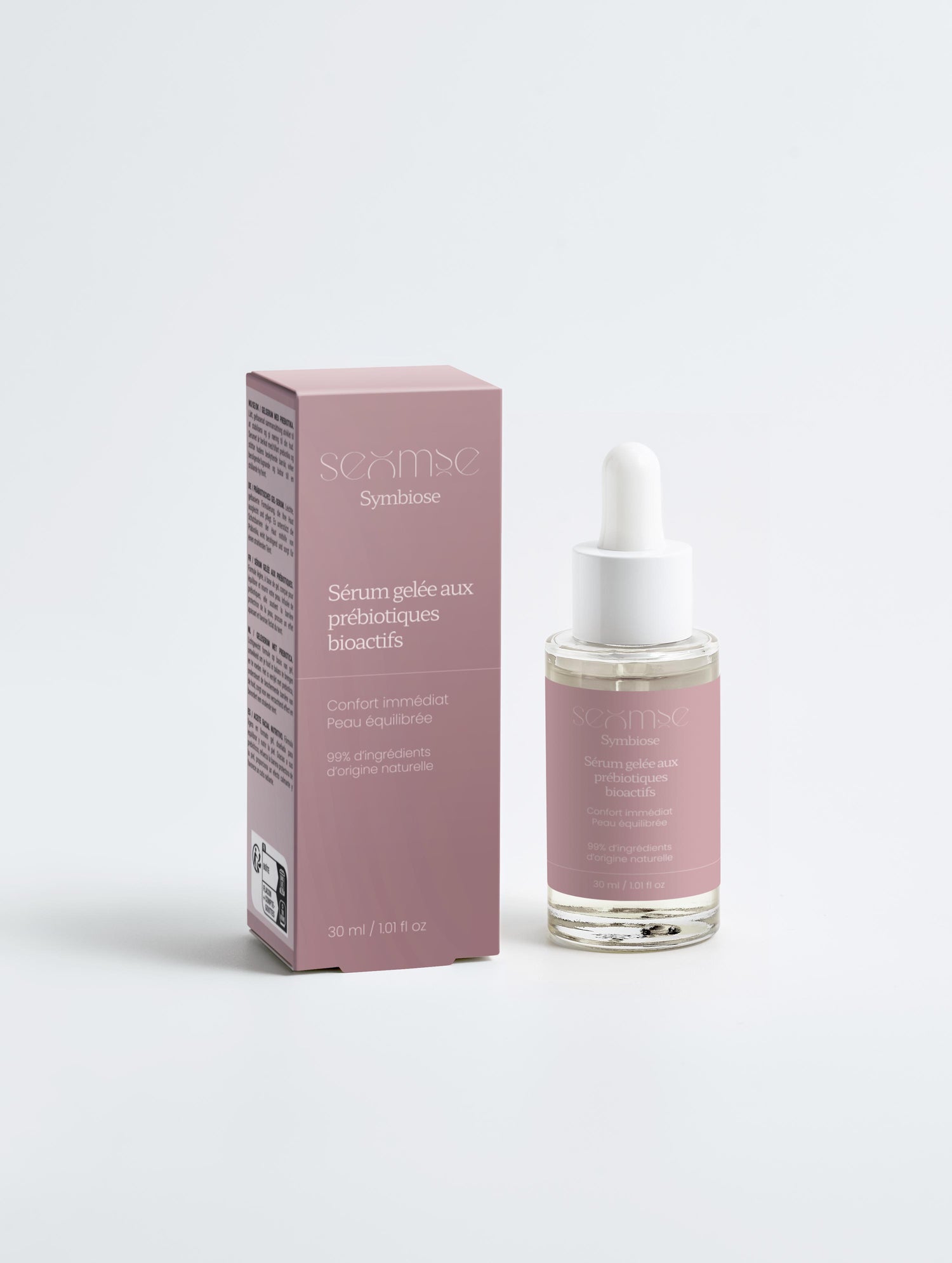 Packshot – Le Sérum Gelée aux Prébiotiques Bioactifs – boîte et flacon, face, fond neutre – prébiotique – Seomse