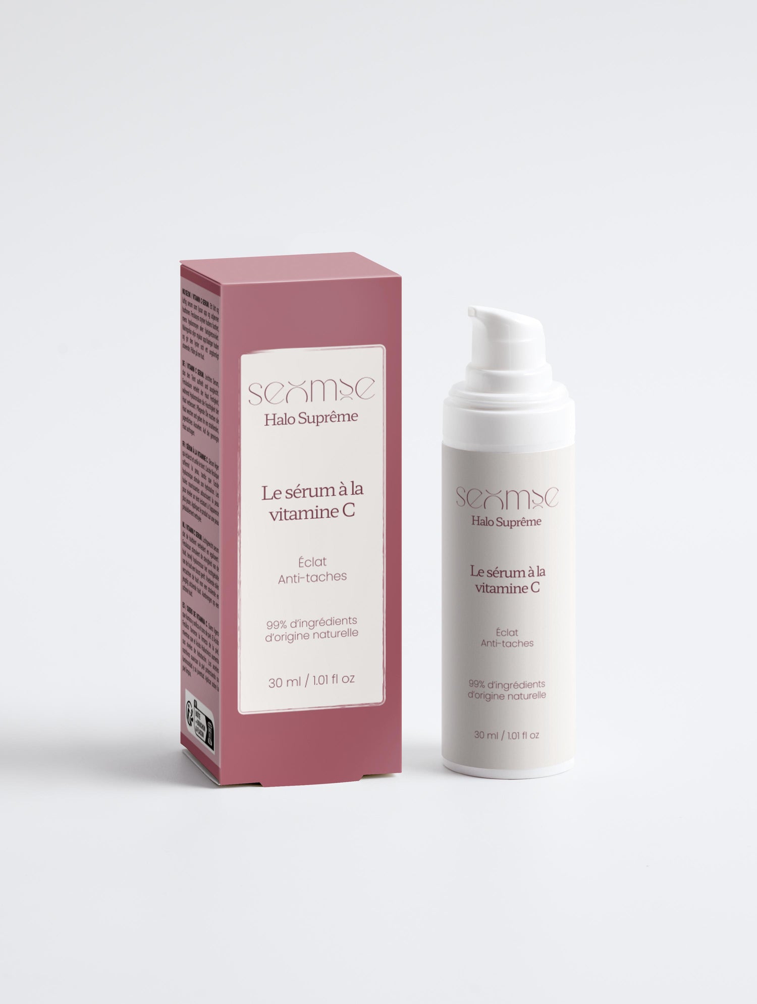 Packshot – Le Sérum vitamine C – boîte et flacon, face, fond neutre – serum vitamine c – Seomse