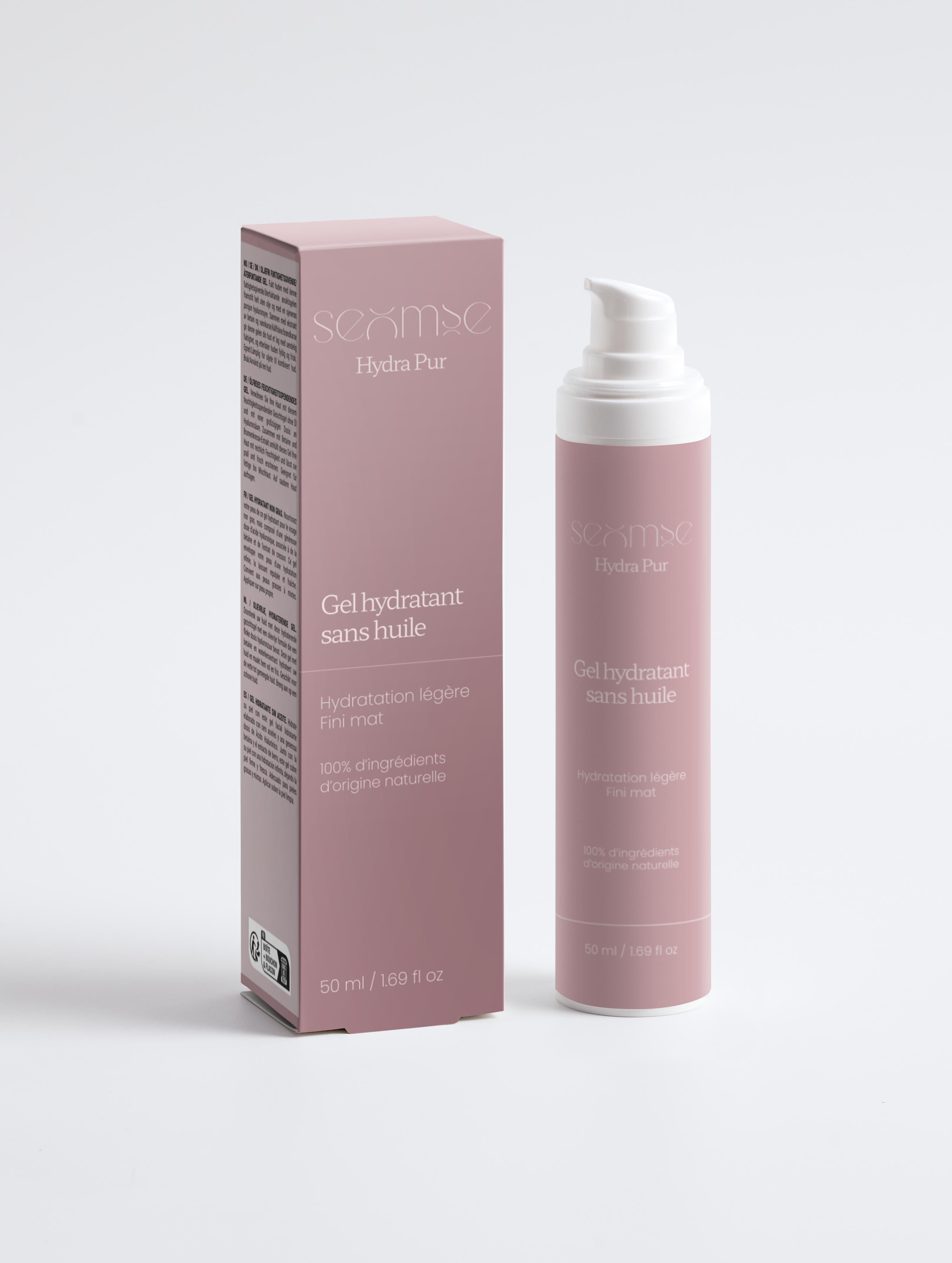 Packshot – Le Gel Hydratant Sans Huile – boîte et flacon, face, fond neutre – gel hydratant visage – Seomse