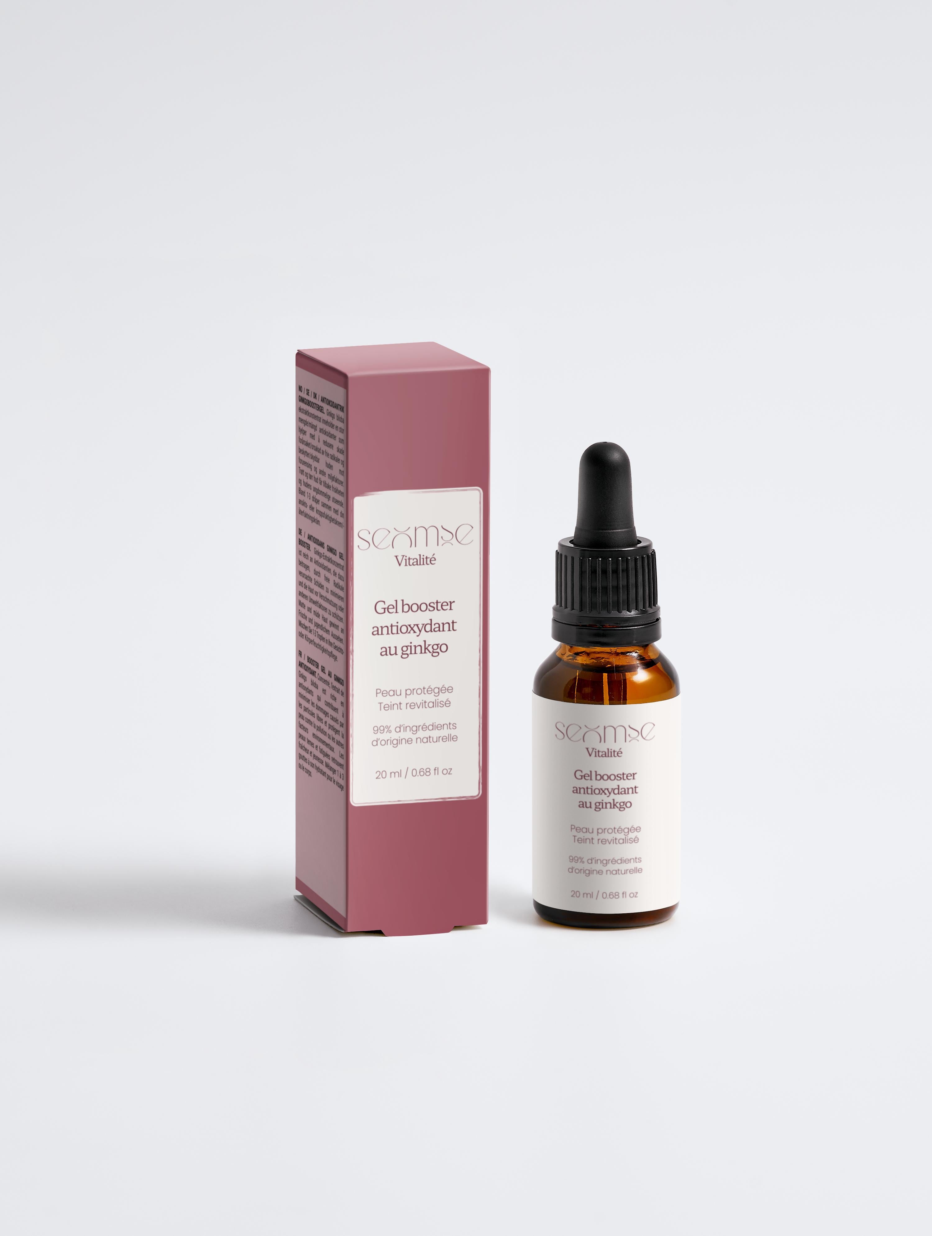 Packshot – Le Gel Booster Antioxydant au Ginkgo – boîte et flacon, face, fond neutre – ginkgo biloba – Seomse