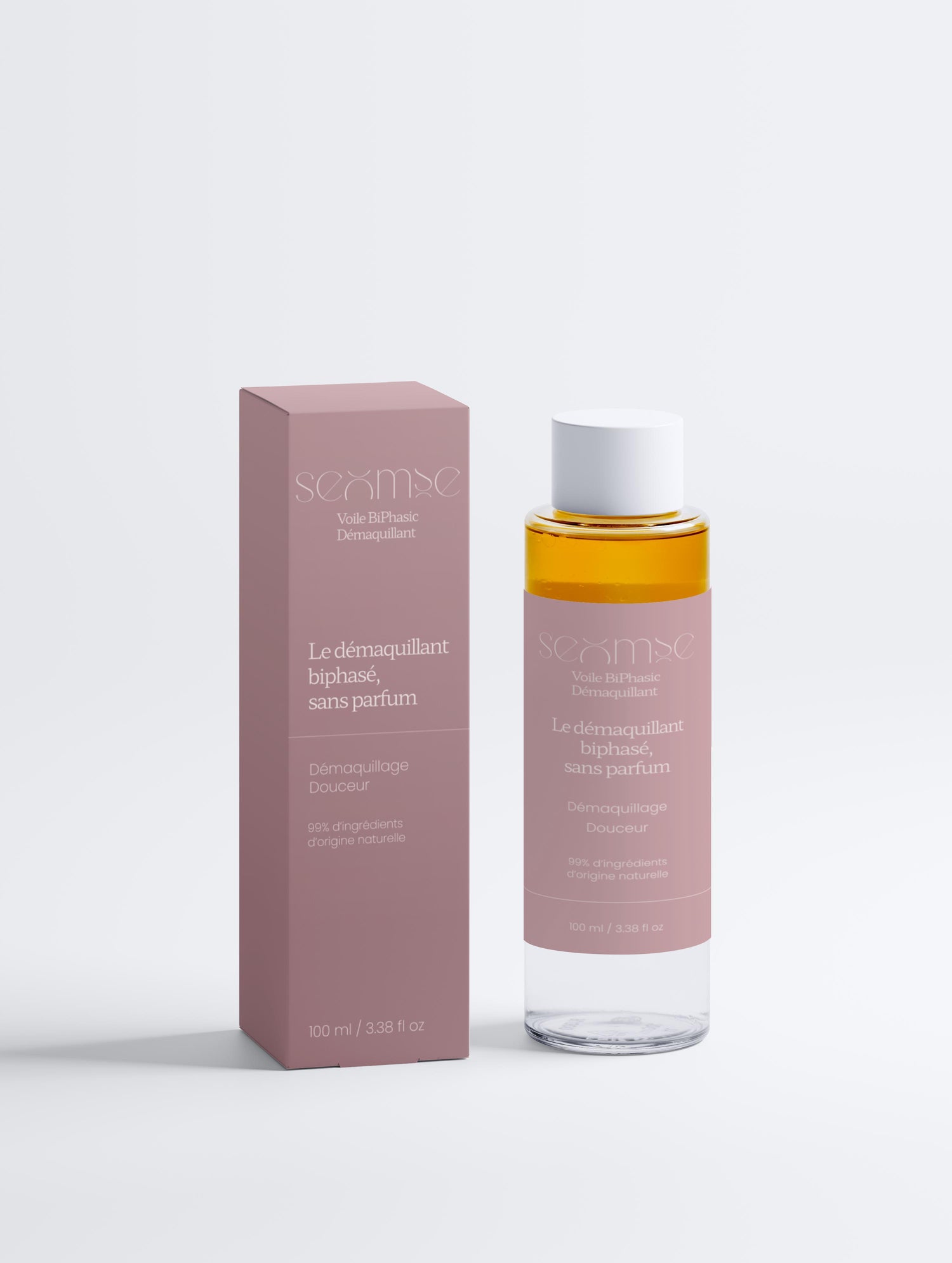 Packshot – Le Démaquillant Biphasé – boîte et flacon, face, fond neutre – démaquillant biphasé – Seomse
