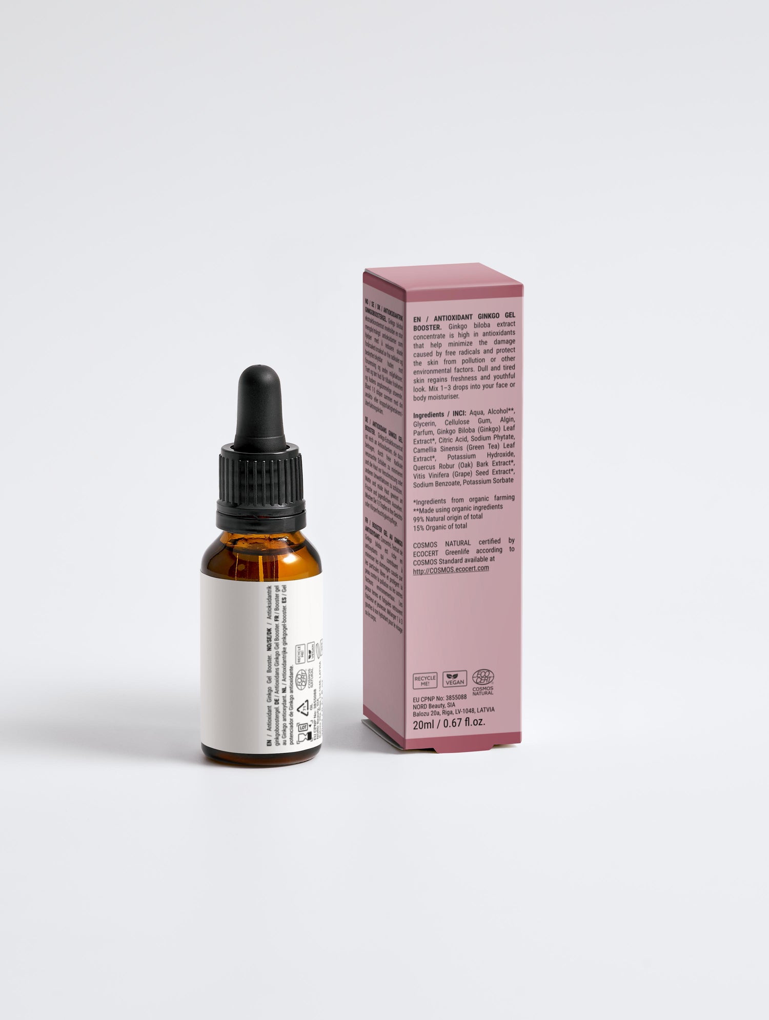 Détail – Le Gel Booster Antioxydant au Ginkgo – boîte et flacon, dos, texte lisible – sérum pour le visage – Seomse