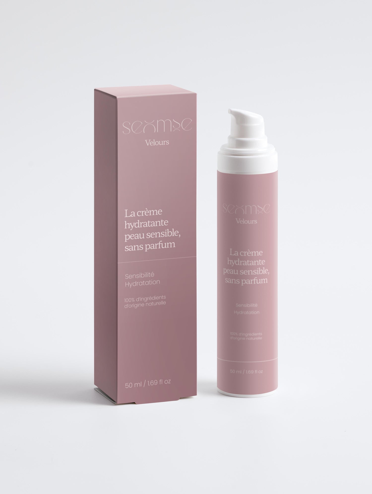 Packshot – La Crème Hydratante Peau Sensible – boîte et flacon, face, fond neutre – creme hydratante peau sensible – Seomse