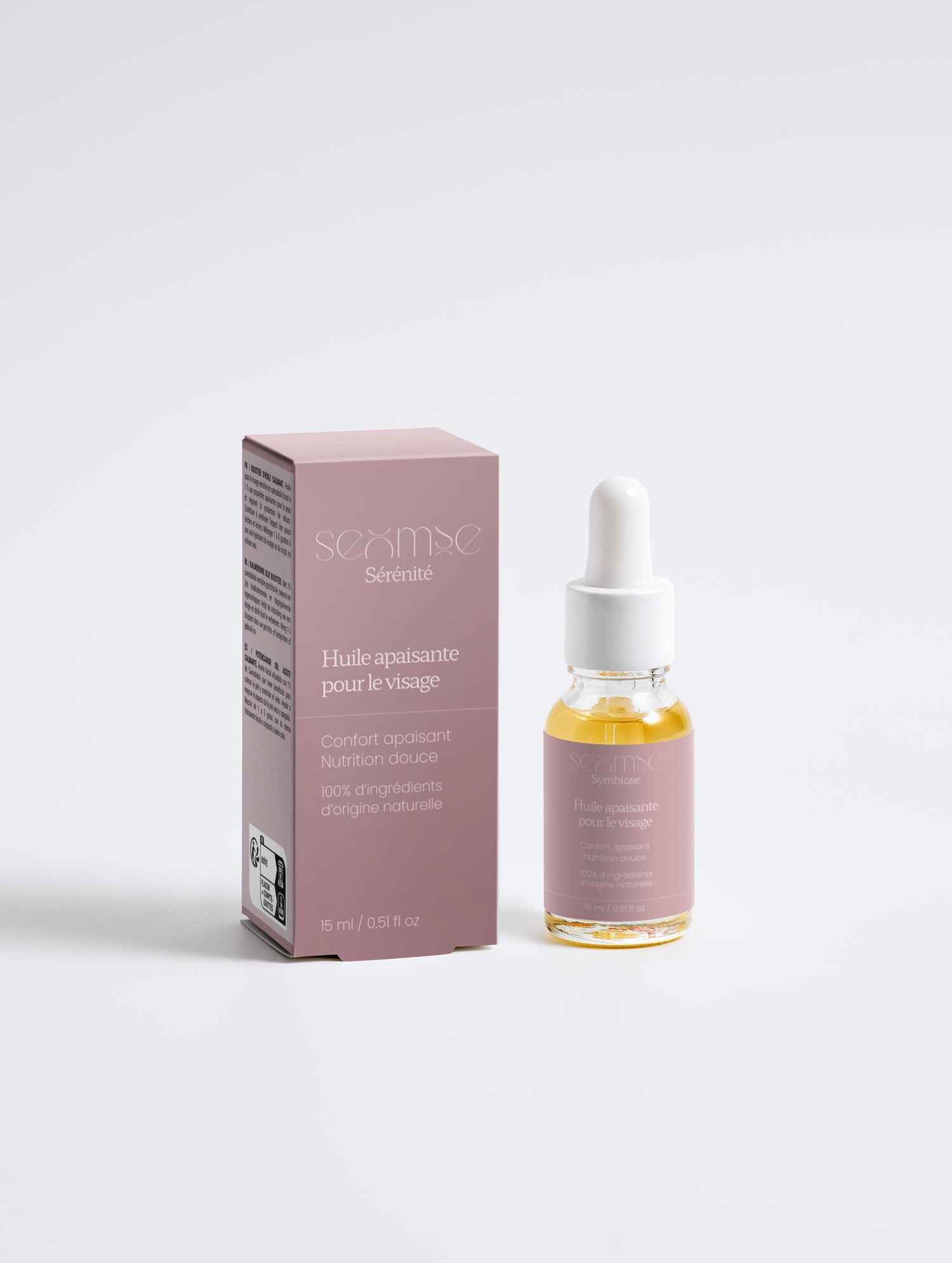 Packshot – L'huile Apaisante pour le Visage – boîte et flacon, face, fond neutre – huile visage – Seomse