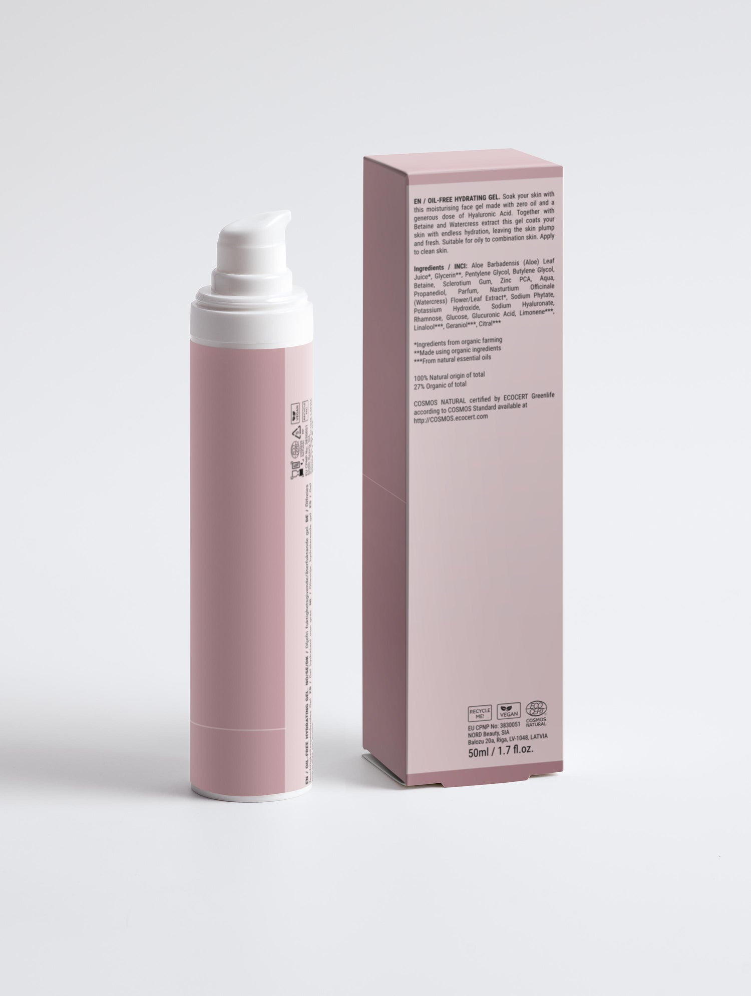 Détail – Le Gel Hydratant Sans Huile – boîte et flacon, dos, texte lisible – betaine – Seomse