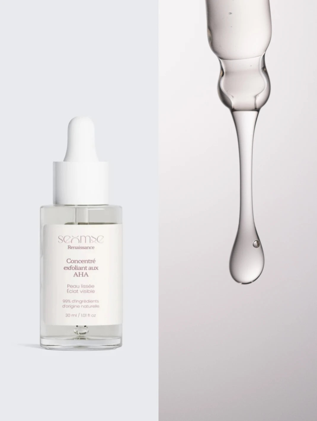 Flacon du concentré exfoliant aux AHA Seomse avec pipette et texture sérum transparente, soin exfoliant visage pour peau lissée et éclat visible