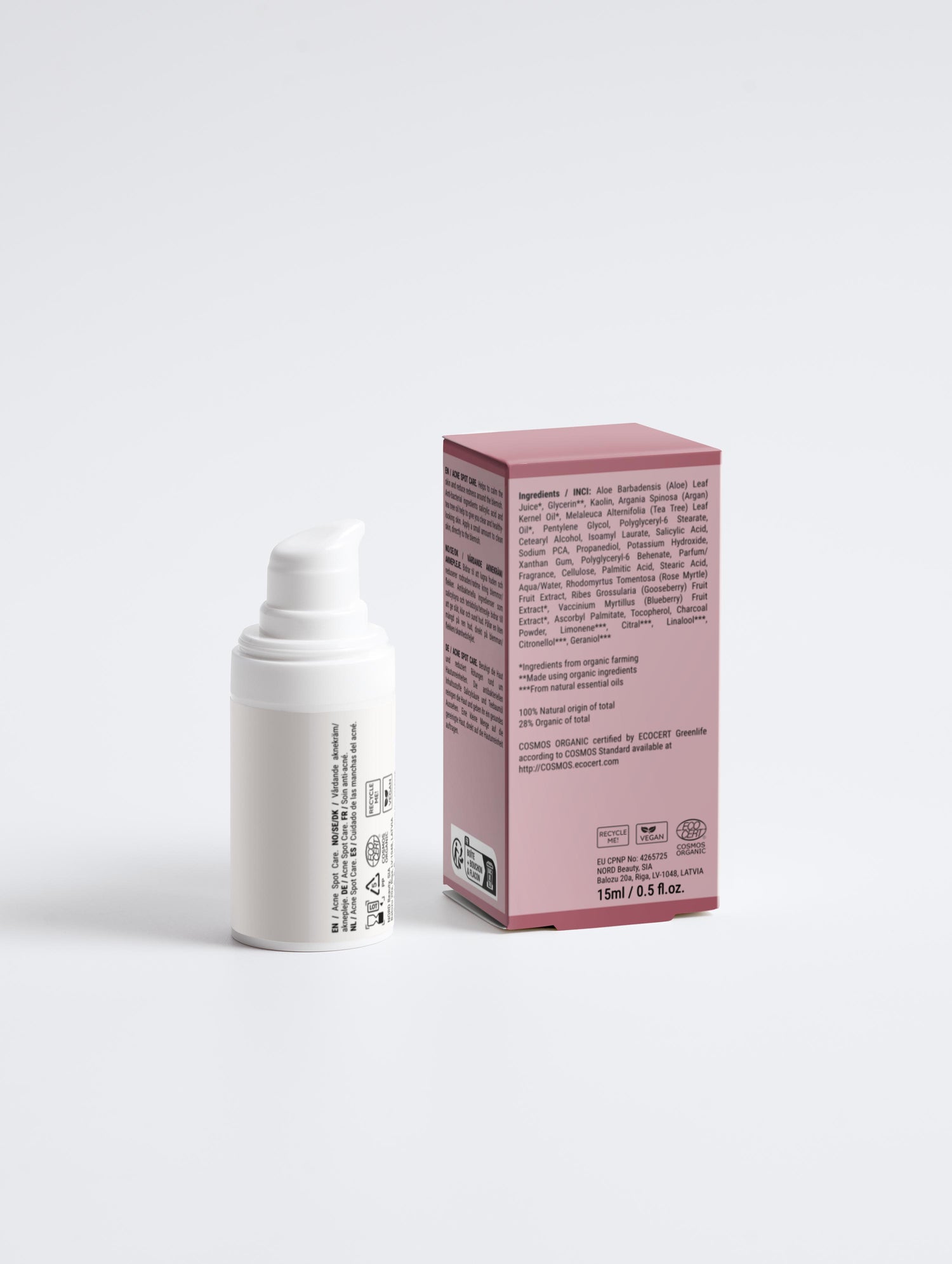 Détail – Le soin ciblé imperfections – boîte et flacon, dos, texte lisible – point noir visage – Seomse