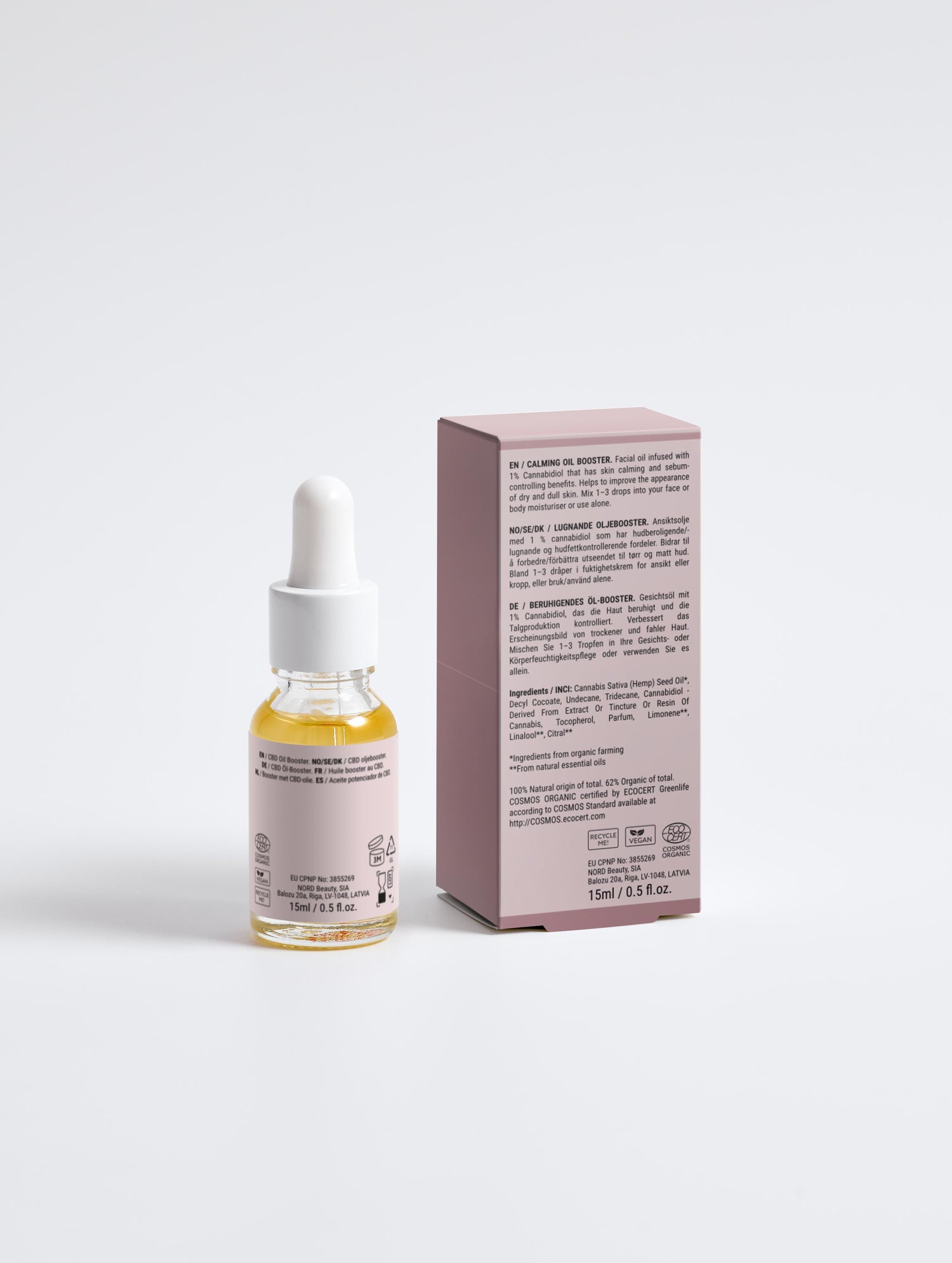 Détail – L'huile Apaisante pour le Visage – boîte et flacon, dos, texte lisible – huile pour le visage – Seomse