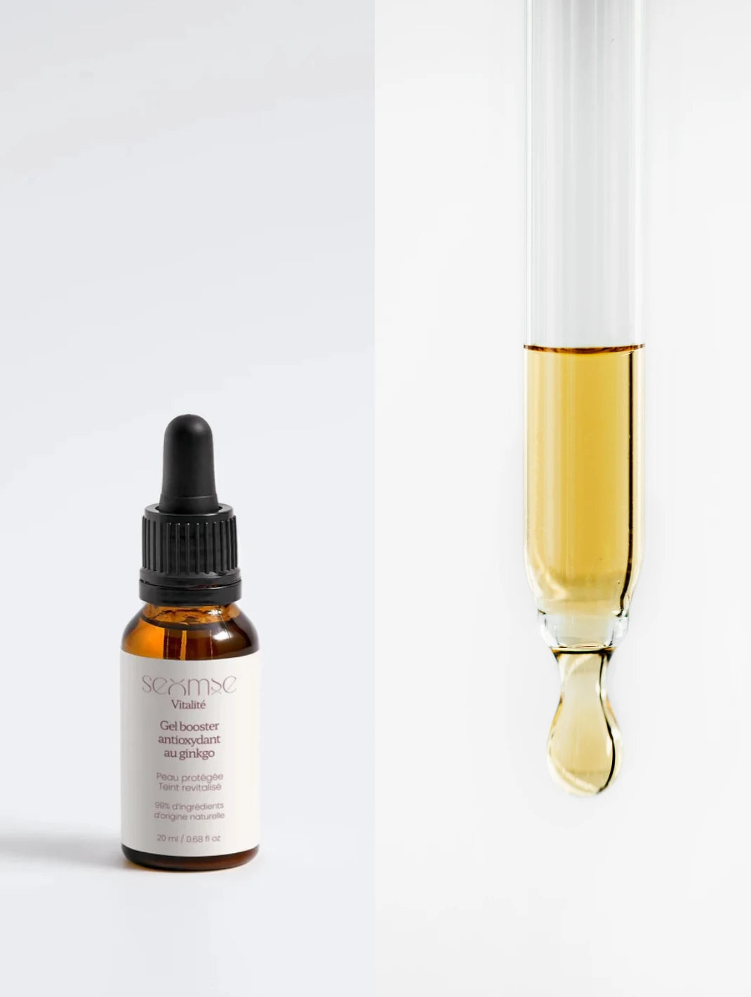 Flacon du gel booster antioxydant au ginkgo Seomse à côté d’une pipette remplie de formule sur fond clair minimaliste.