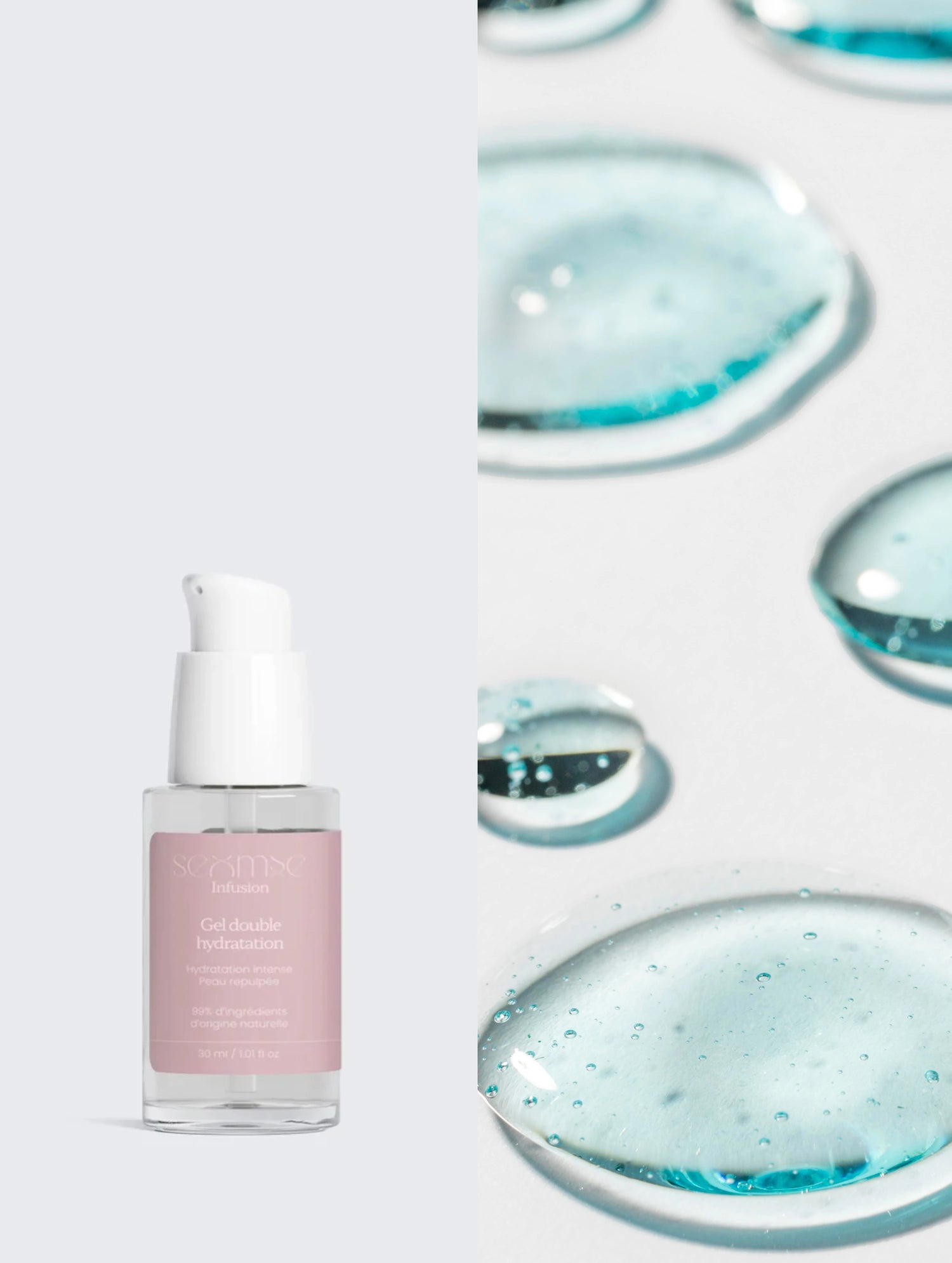 Gel double hydratation Seomse avec texture gel bleutée, visuel minimaliste à l’acide hyaluronique.