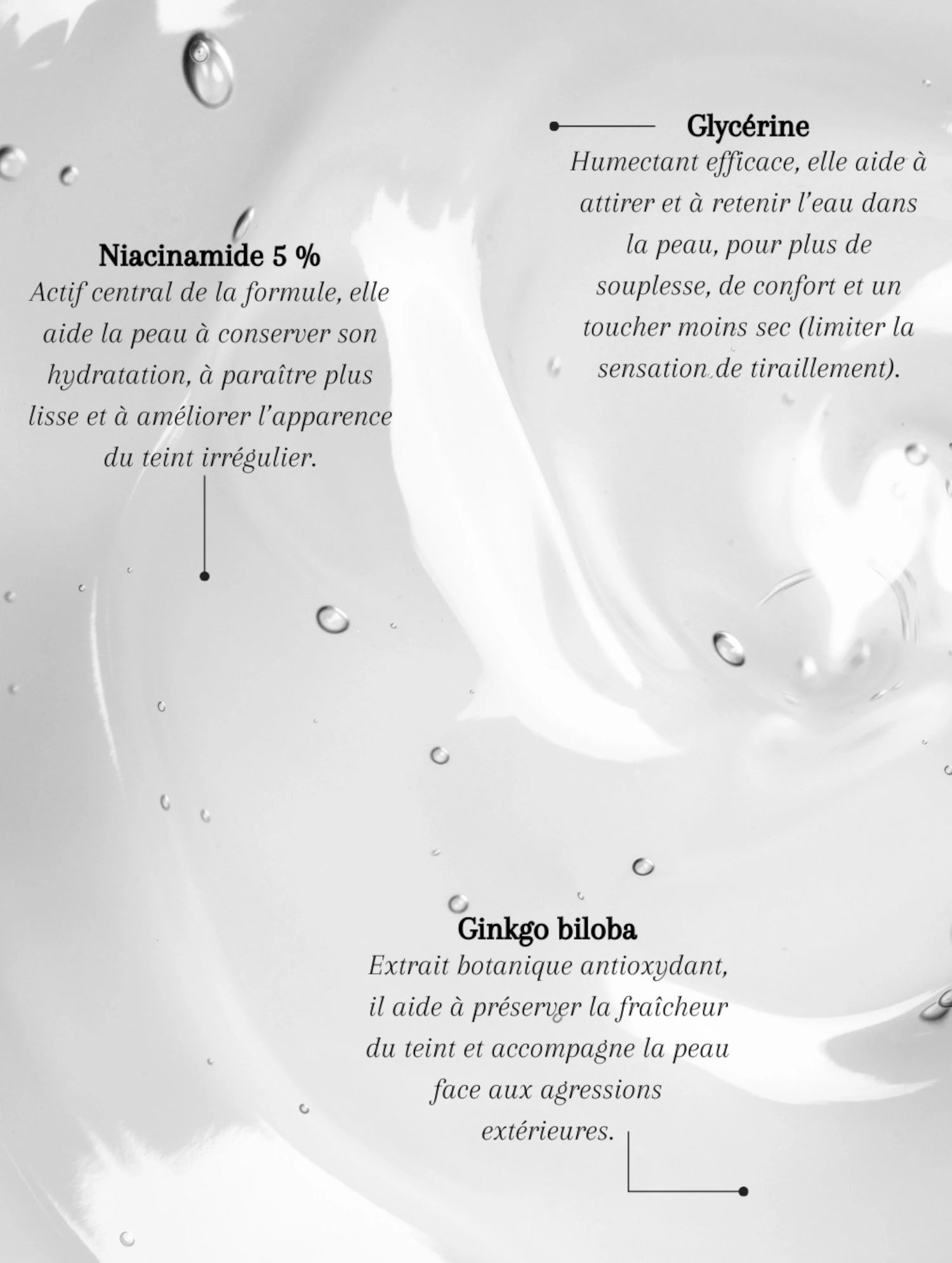 Infographie texture du gel hydratant à la niacinamide Seomse avec niacinamide 5 %, glycérine et ginkgo biloba pour une routine visage légère.