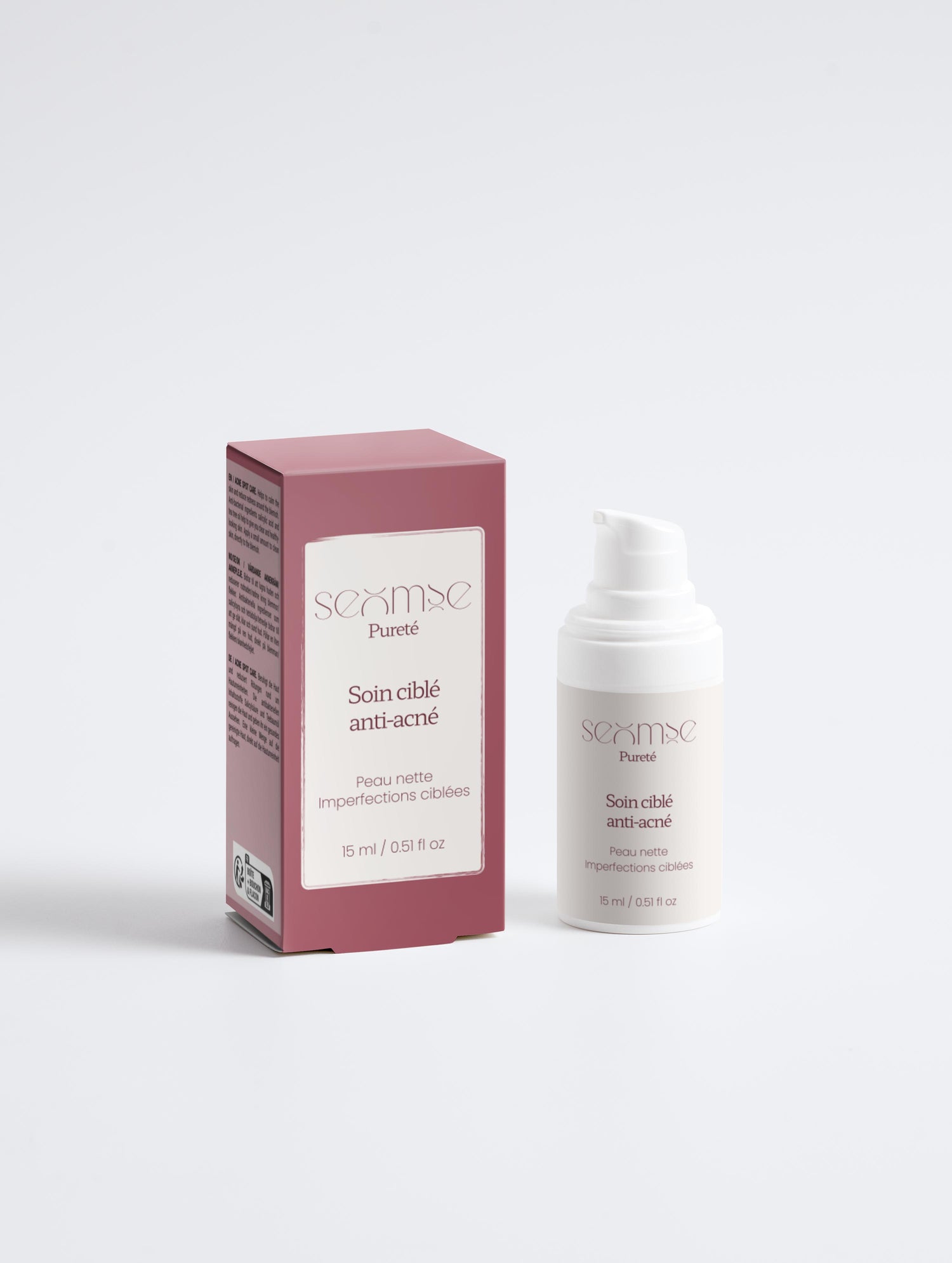 Packshot – Le soin ciblé imperfections – boîte et flacon, face, fond neutre – soin anti imperfections – Seomse