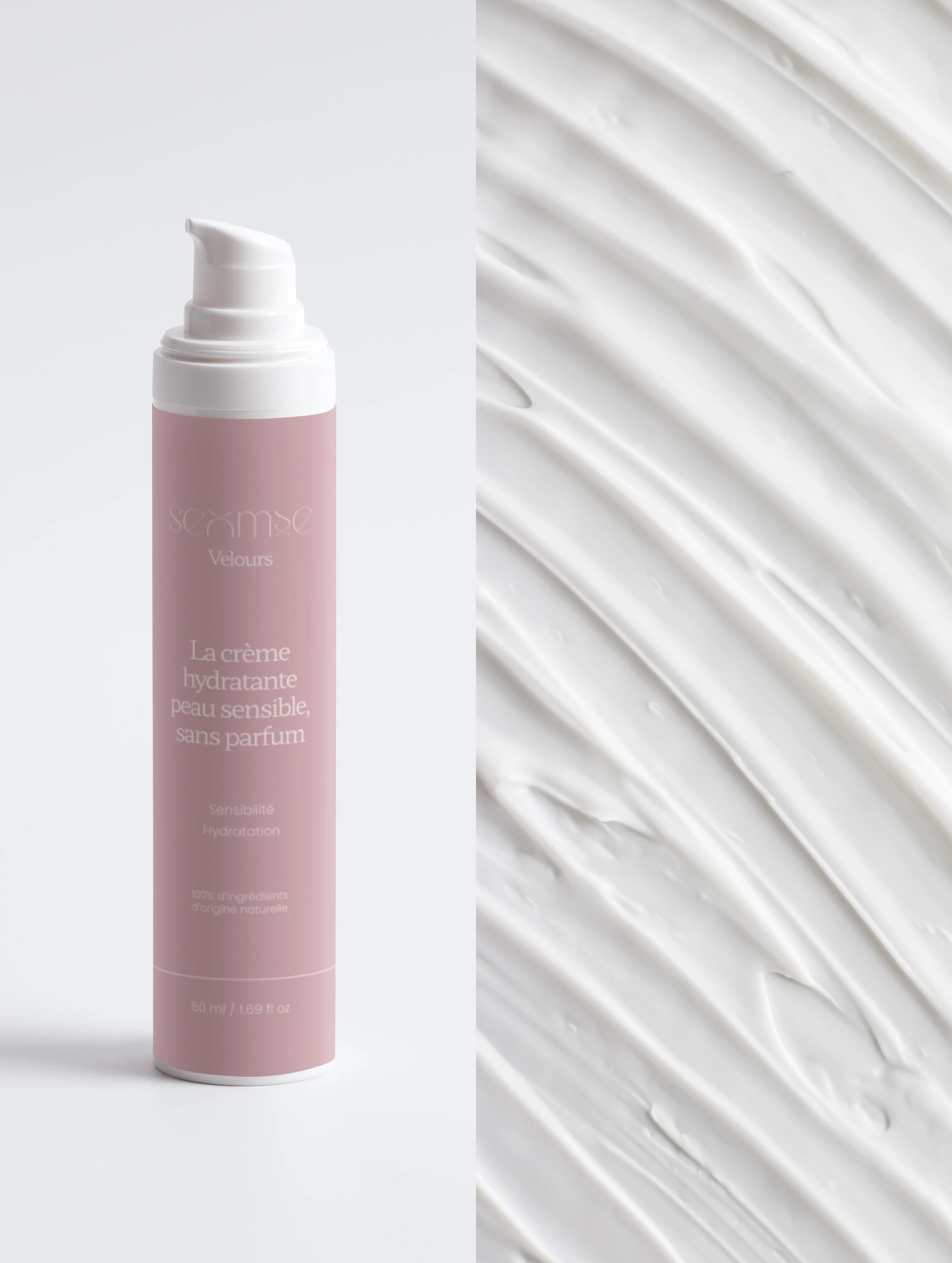 Crème hydratante peau sensible Seomse avec texture crème onctueuse, image du pack peau sensible.