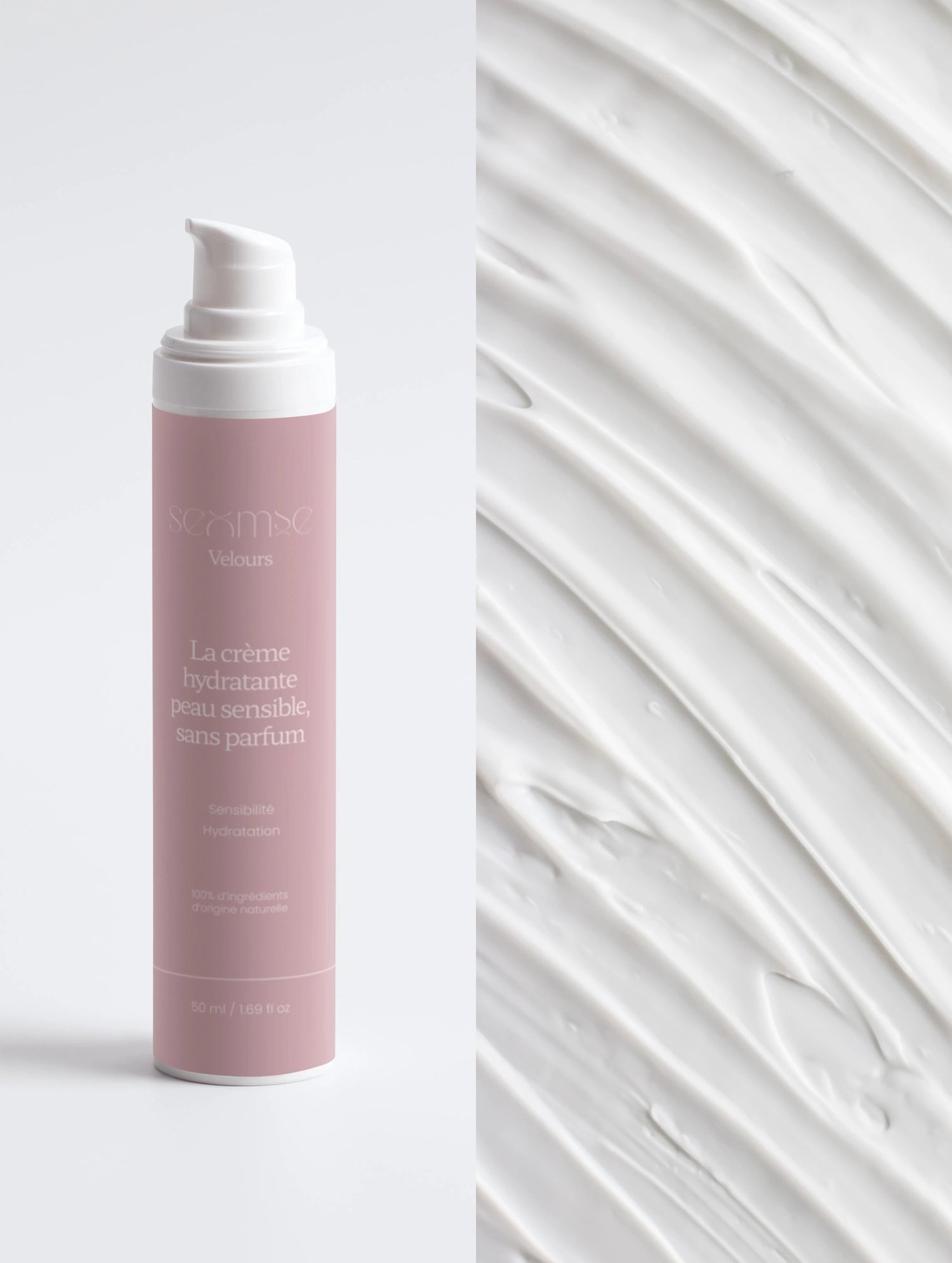 Crème hydratante peau sensible Seomse avec texture crème onctueuse, image du pack peau sensible.