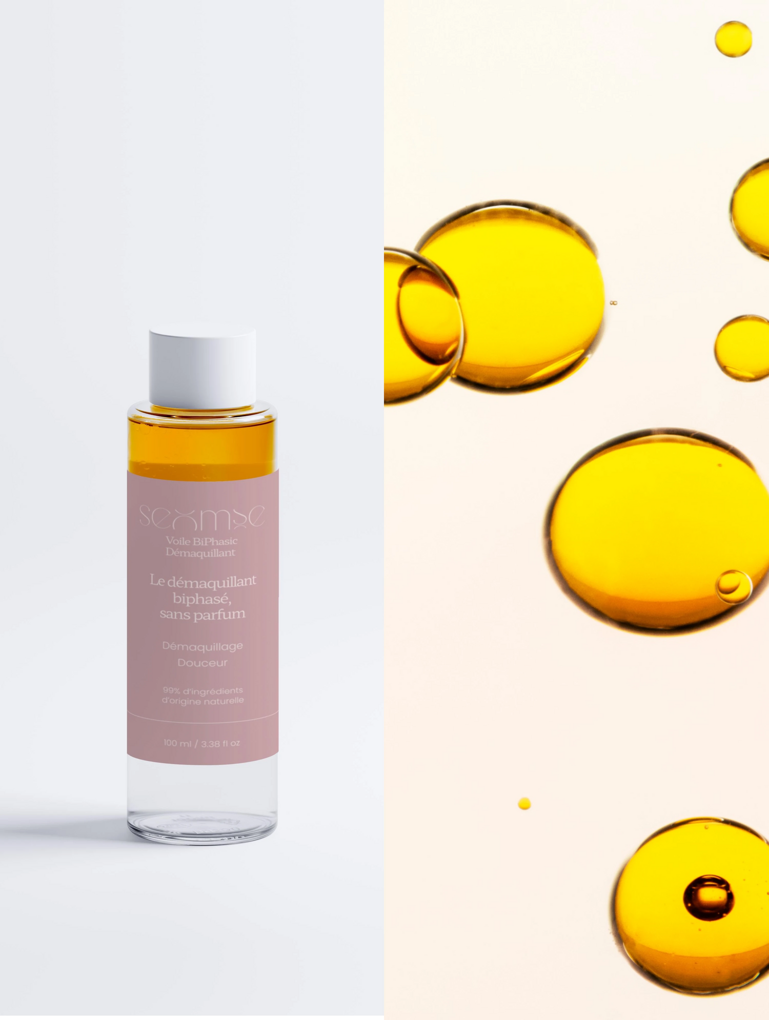 Démaquillant biphasé Seomse avec texture huileuse, soin du pack peau sensible pour démaquiller en douceur.