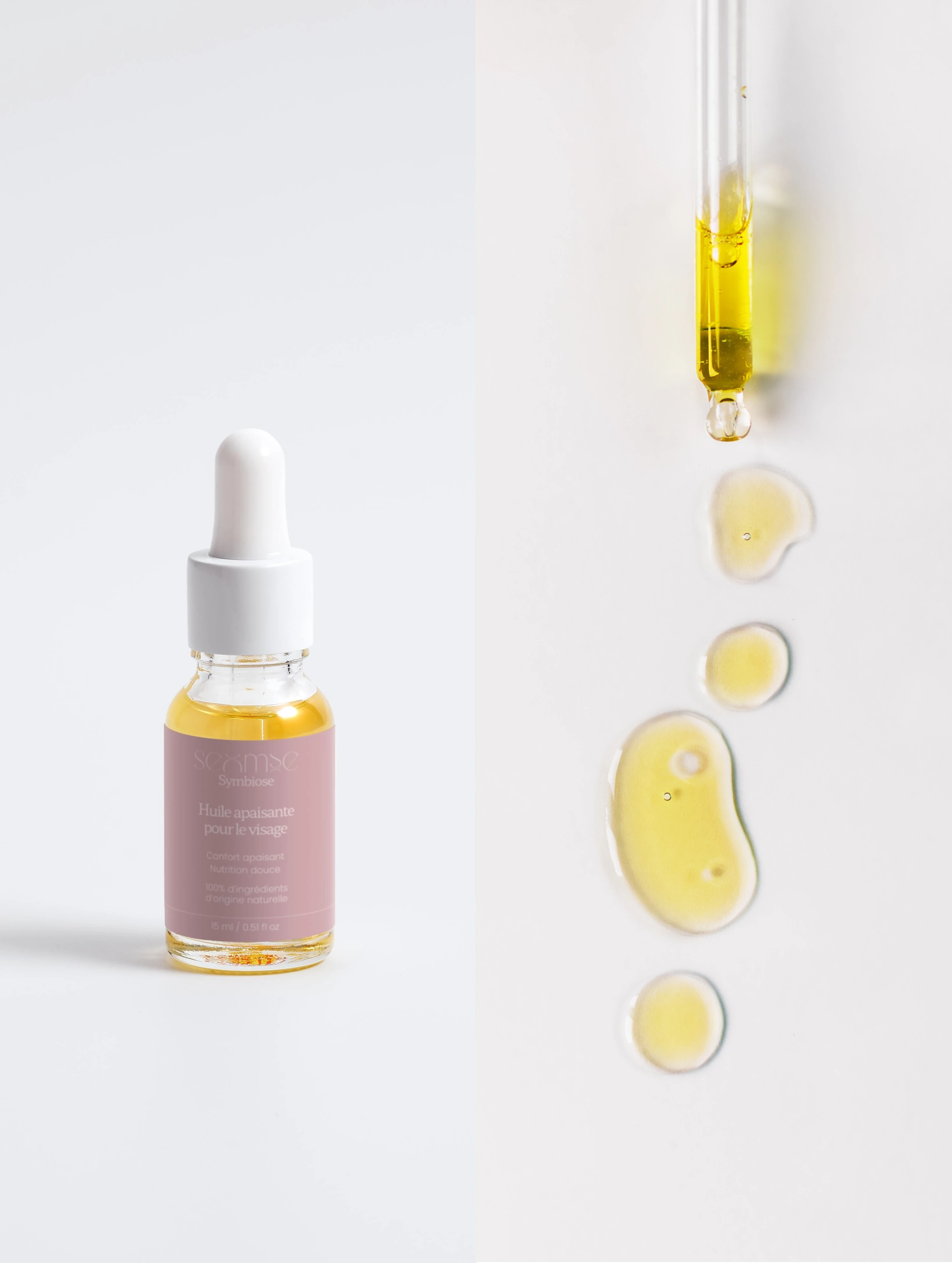 Huile apaisante pour le visage Seomse avec pipette et texture huile, soin du pack peau sensible.