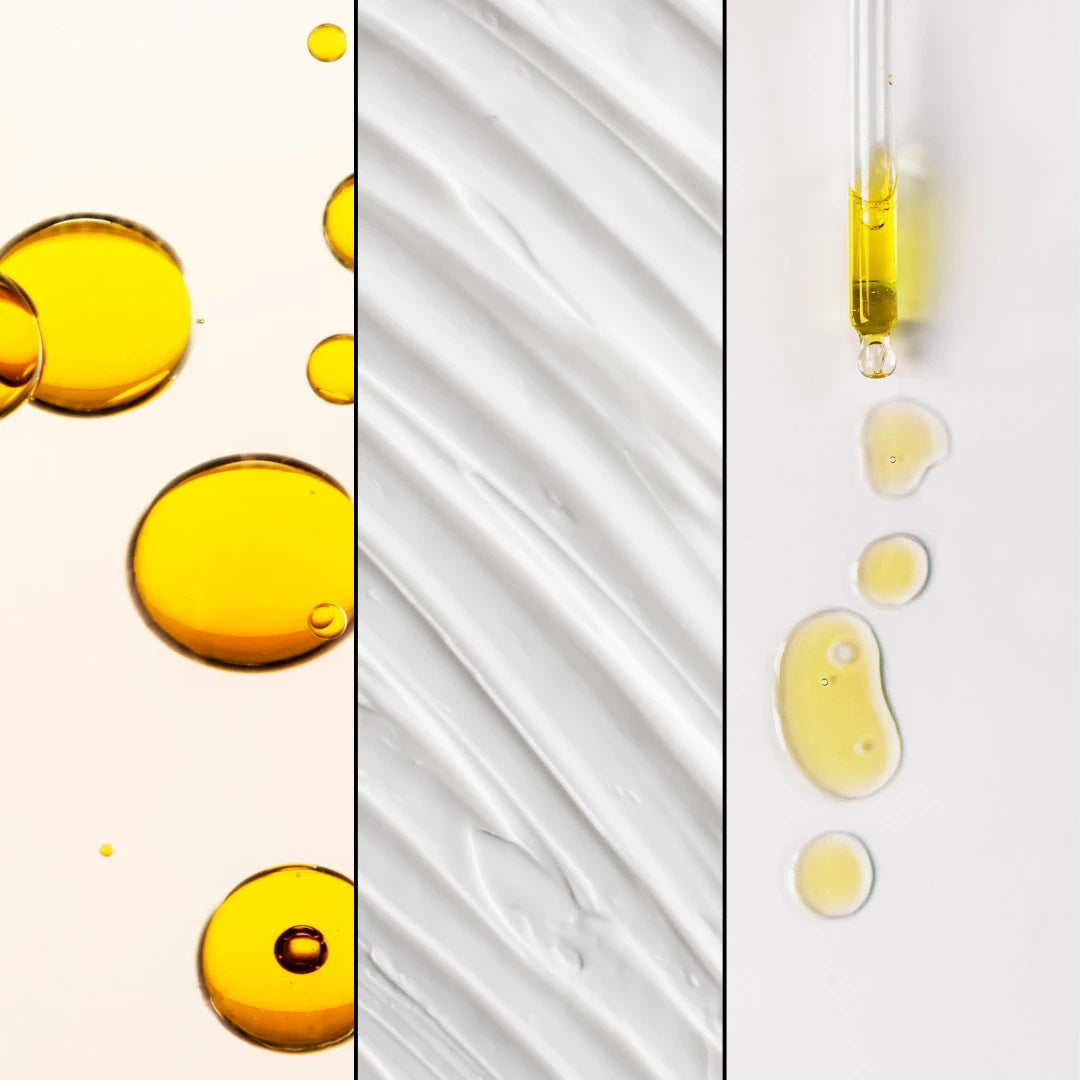 Montage de textures du pack peau sensible Seomse avec démaquillant biphasé, crème hydratante peau sensible et huile apaisante visage.