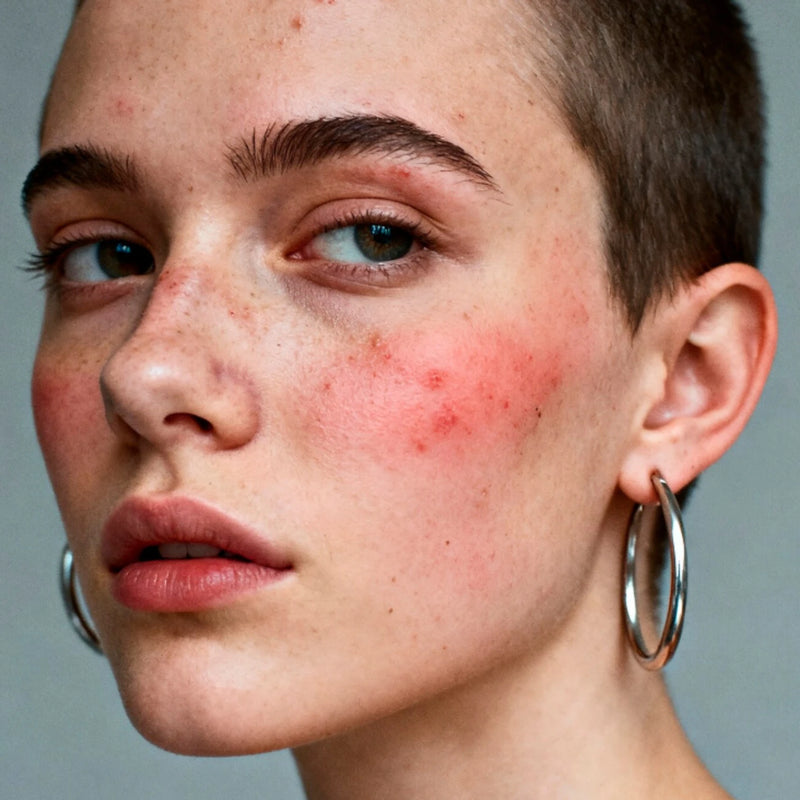 Gros plan d’un visage avec rougeurs visibles sur la joue, peau réactive et marques d’irritation, illustration pour article sur les rougeurs du visage.