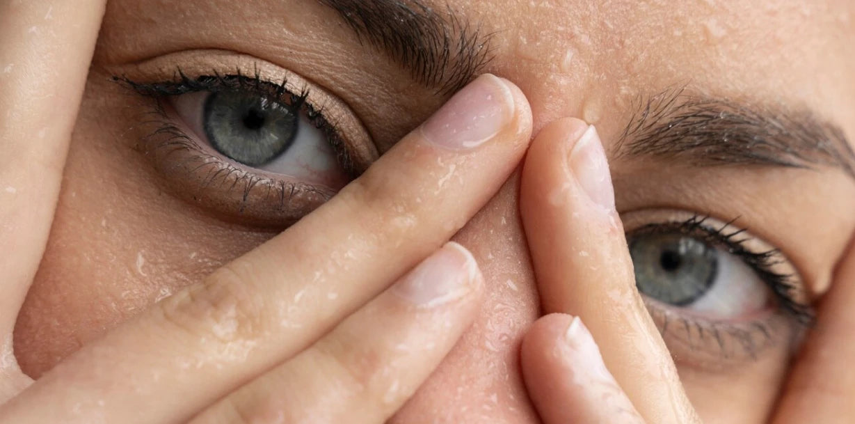 Gros plan d’un visage avec gouttes d’eau, visuel sur peau déshydratée vs peau sèche et équilibre hydratation / confort.