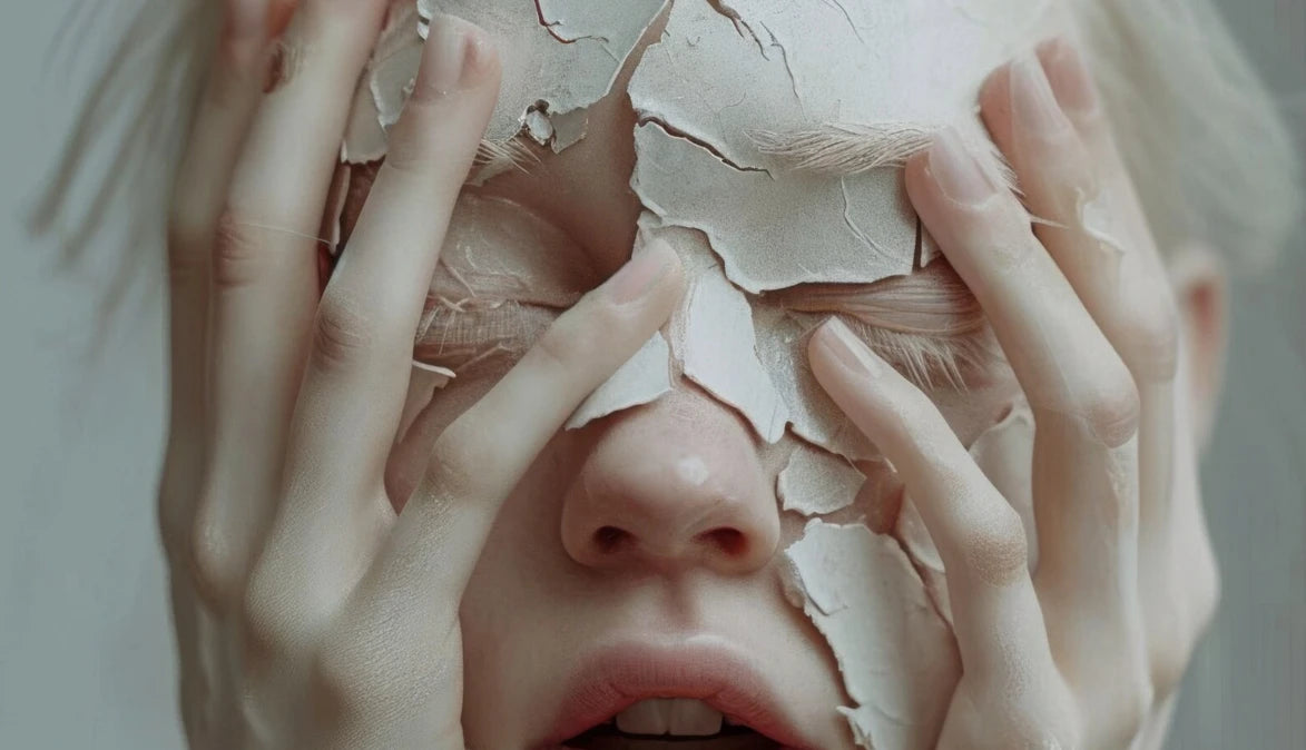 Teint terne : gros plan d’un visage avec effet craquelé, illustrant le manque d’éclat de la peau