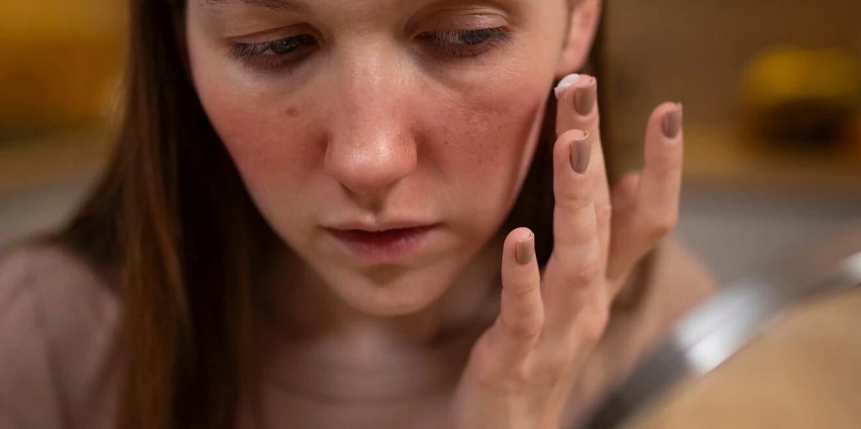 Gros plan d’une femme avec rougeurs sur les joues, visuel sur peau réactive et routine trop décapante.
