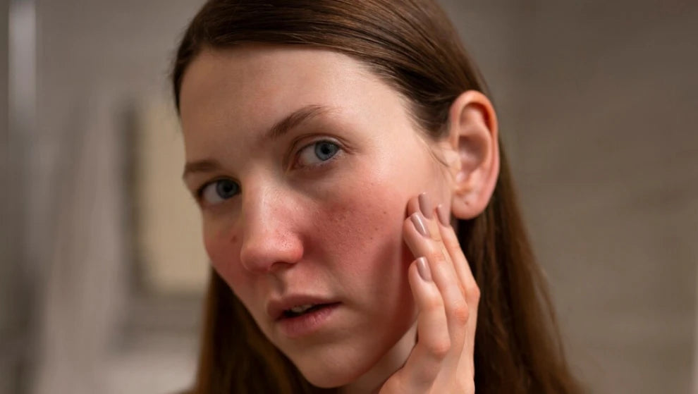 Femme touchant sa joue avec rougeurs du visage, visuel sur peau sensible et routine de soins trop agressive.