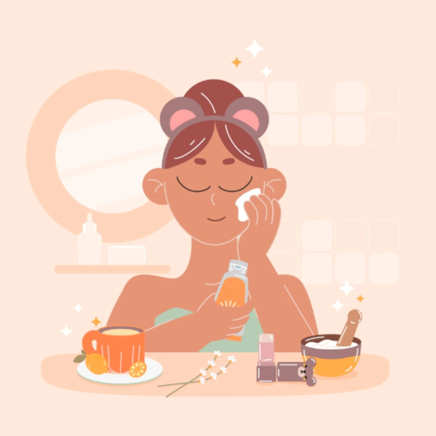Illustration d’une femme appliquant un soin hydratant, étape hydratation dans une routine 3 produits Seomse.