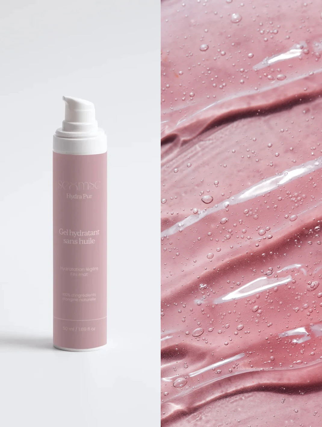 Flacon du gel hydratant sans huile Seomse à côté de sa texture rose au zinc PCA et à l’acide hyaluronique