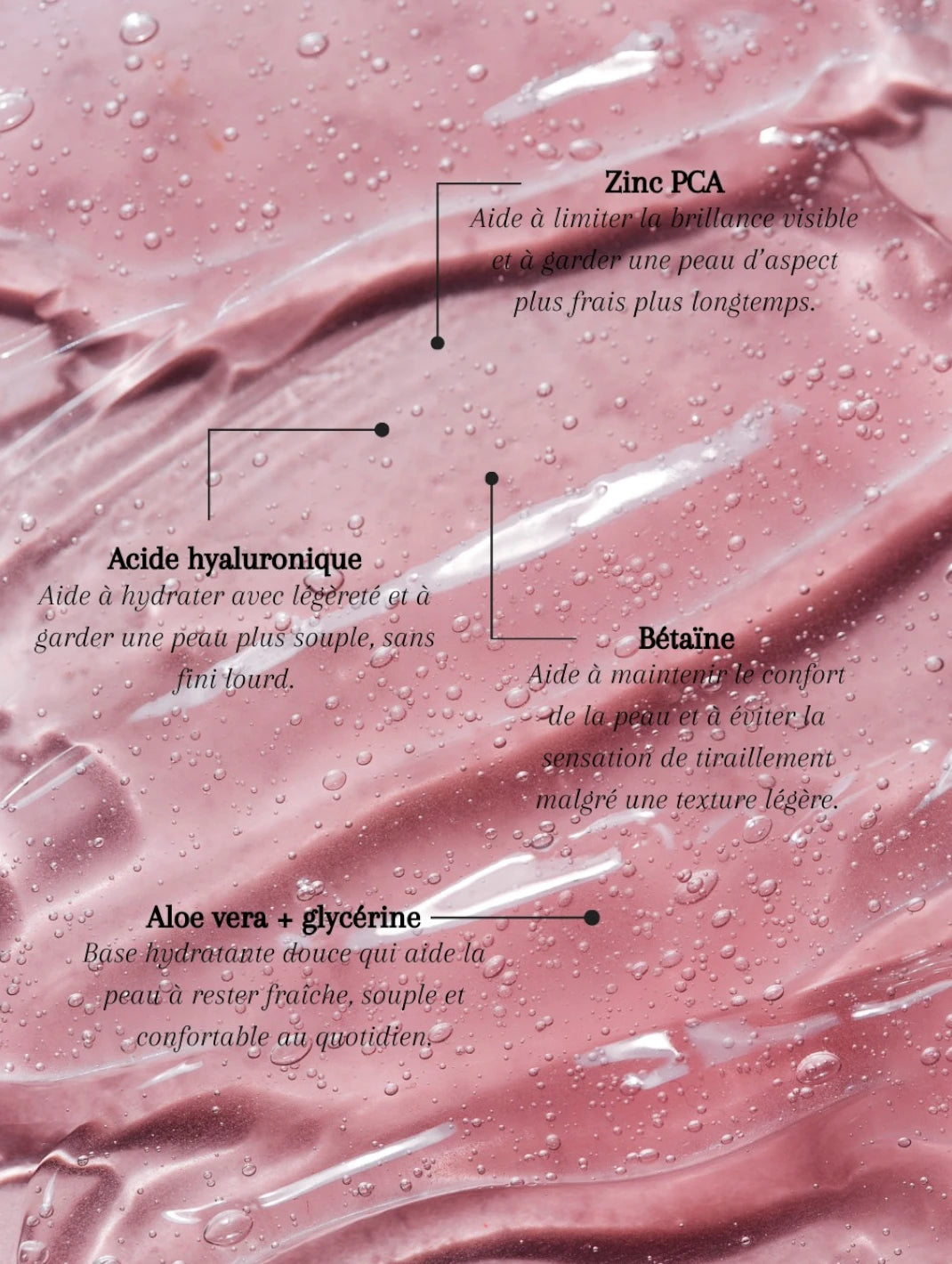Texture du gel hydratant sans huile Seomse avec zinc PCA, acide hyaluronique, bétaïne, aloe vera et glycérine