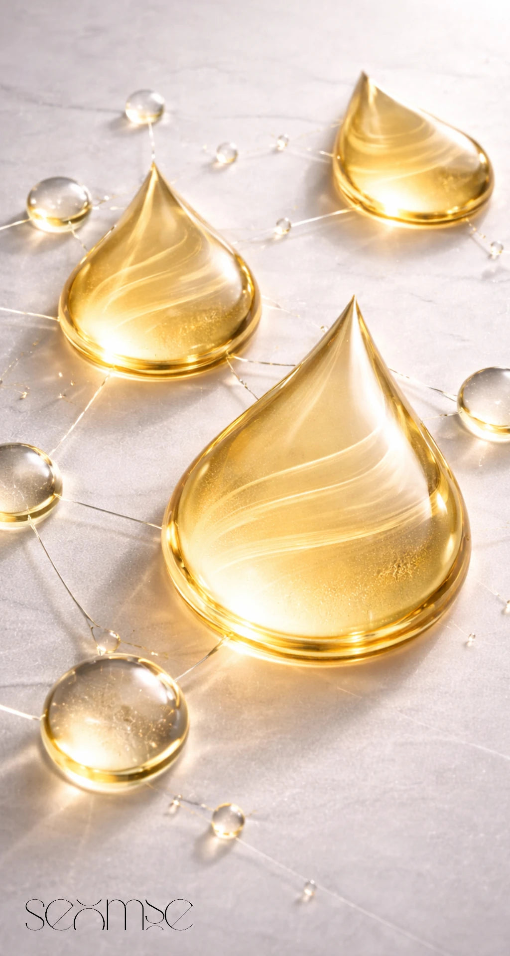 Illustration de gouttes dorées évoquant des émollients et huiles : elles assouplissent la peau, renforcent la sensation de confort et aident à limiter la perte en eau, signature sensorielle de la formule.