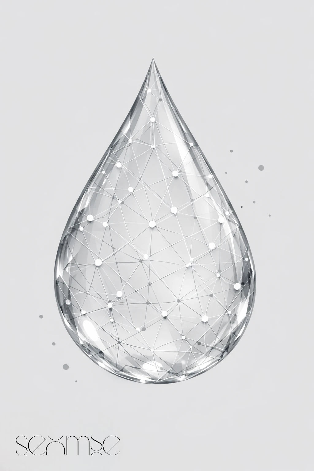 Illustration d’une goutte transparente avec un motif en réseau, symbolisant les humectants : des agents hydratants qui attirent et retiennent l’eau pour une peau plus souple et confortable, au cœur de la formule.