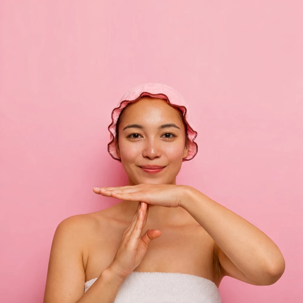 Femme faisant un geste “pause” pour ralentir une routine soin visage en cas de peau sensible, guide routine Seomse