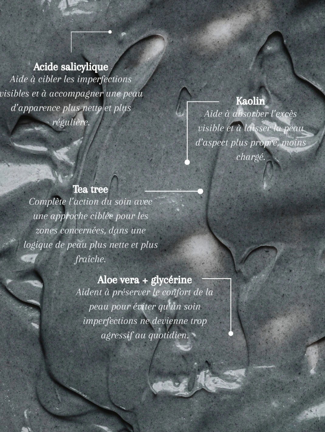 Texture du soin cible imperfections Seomse avec acide salicylique, kaolin, tea tree, aloe vera et glycérine