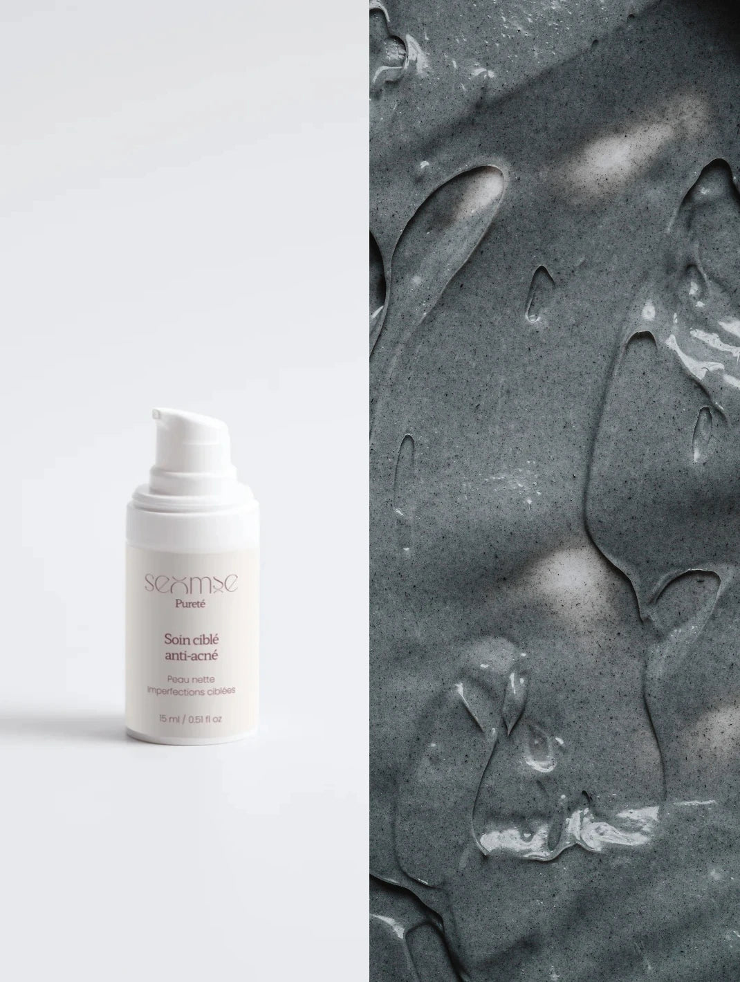 Flacon du soin cible imperfections Seomse à côté de sa texture grise à l’acide salicylique et au kaolin