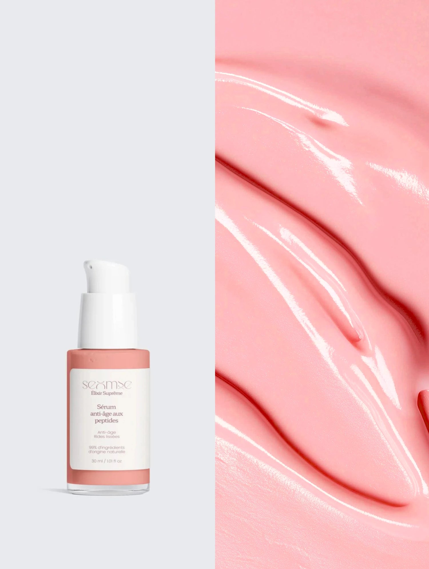 Sérum anti-âge aux peptides Seomse avec texture rose, visuel minimaliste de sérum visage.