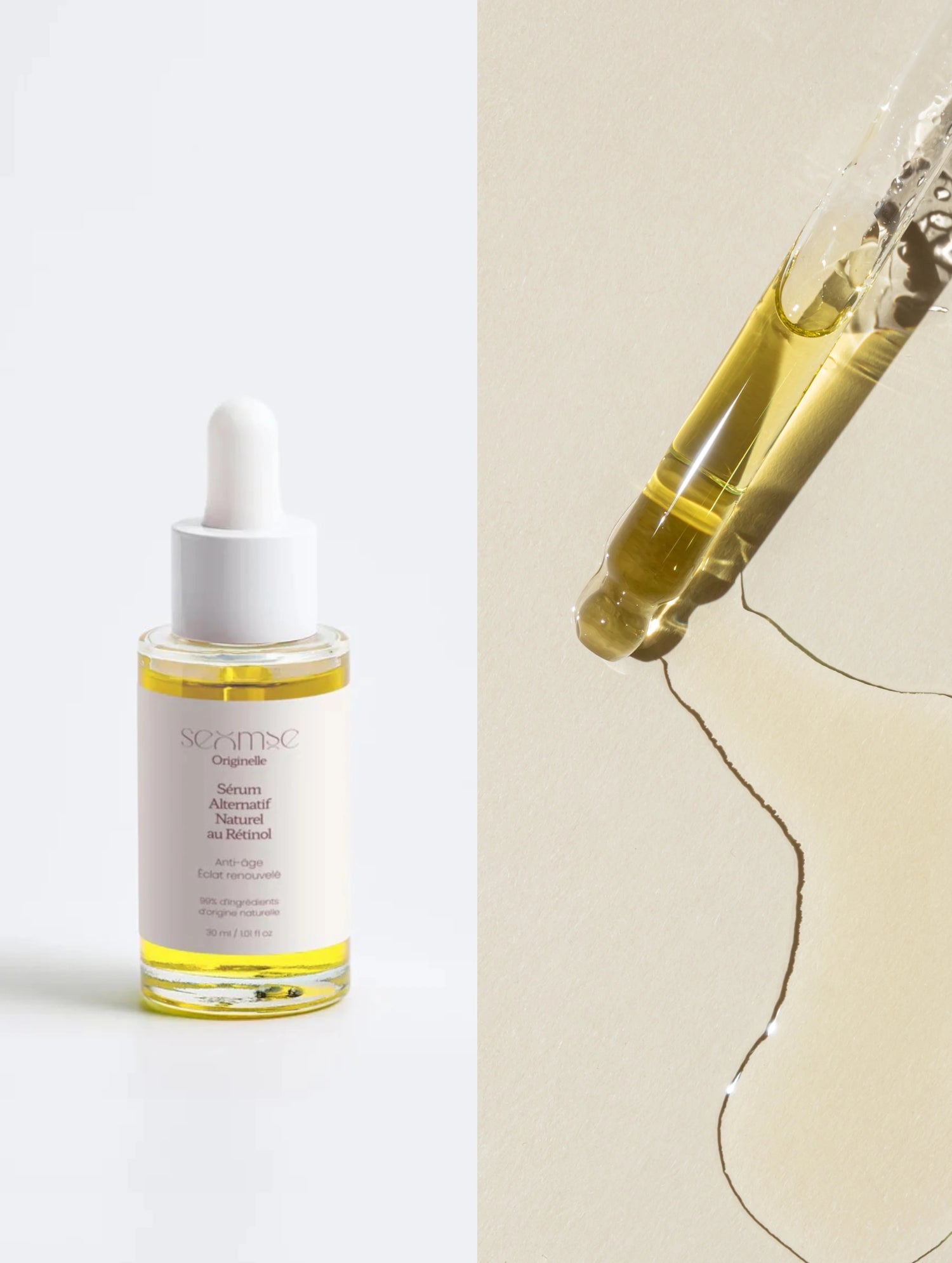 Sérum bakuchiol Seomse avec texture huile dorée, visuel minimaliste de soin visage.