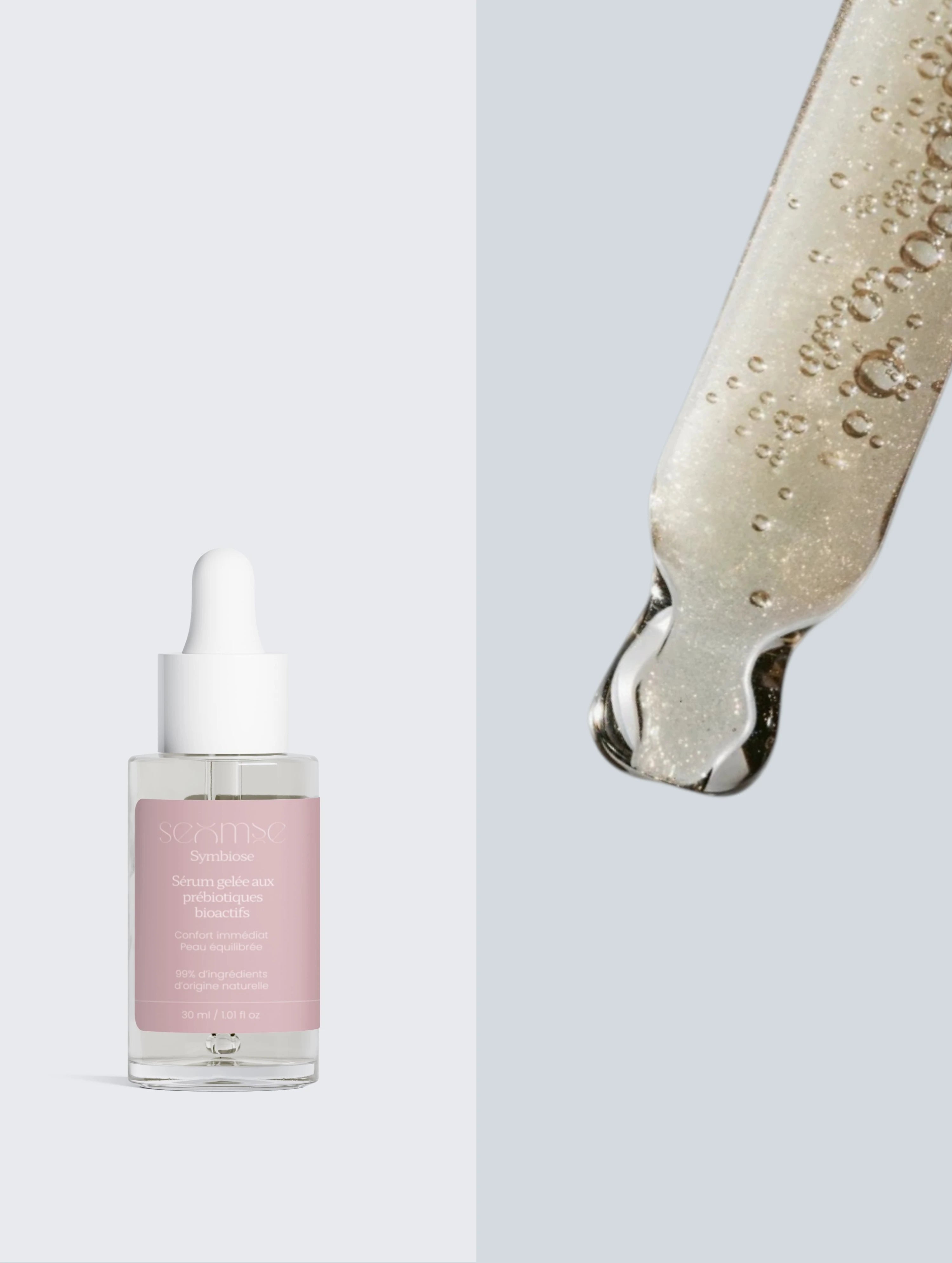 Flacon du sérum gelée aux prébiotiques bioactifs Seomse à côté de sa texture, visuel de sérum visage hydratant et léger.