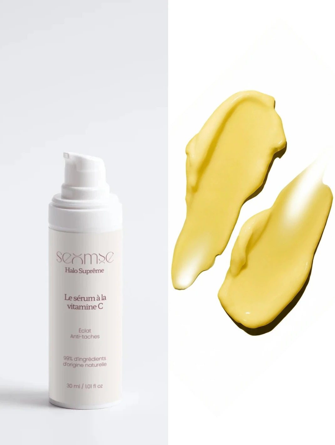 Flacon du sérum à la vitamine C Seomse sur fond clair avec texture jaune, soin éclat anti-taches visage à la vitamine C