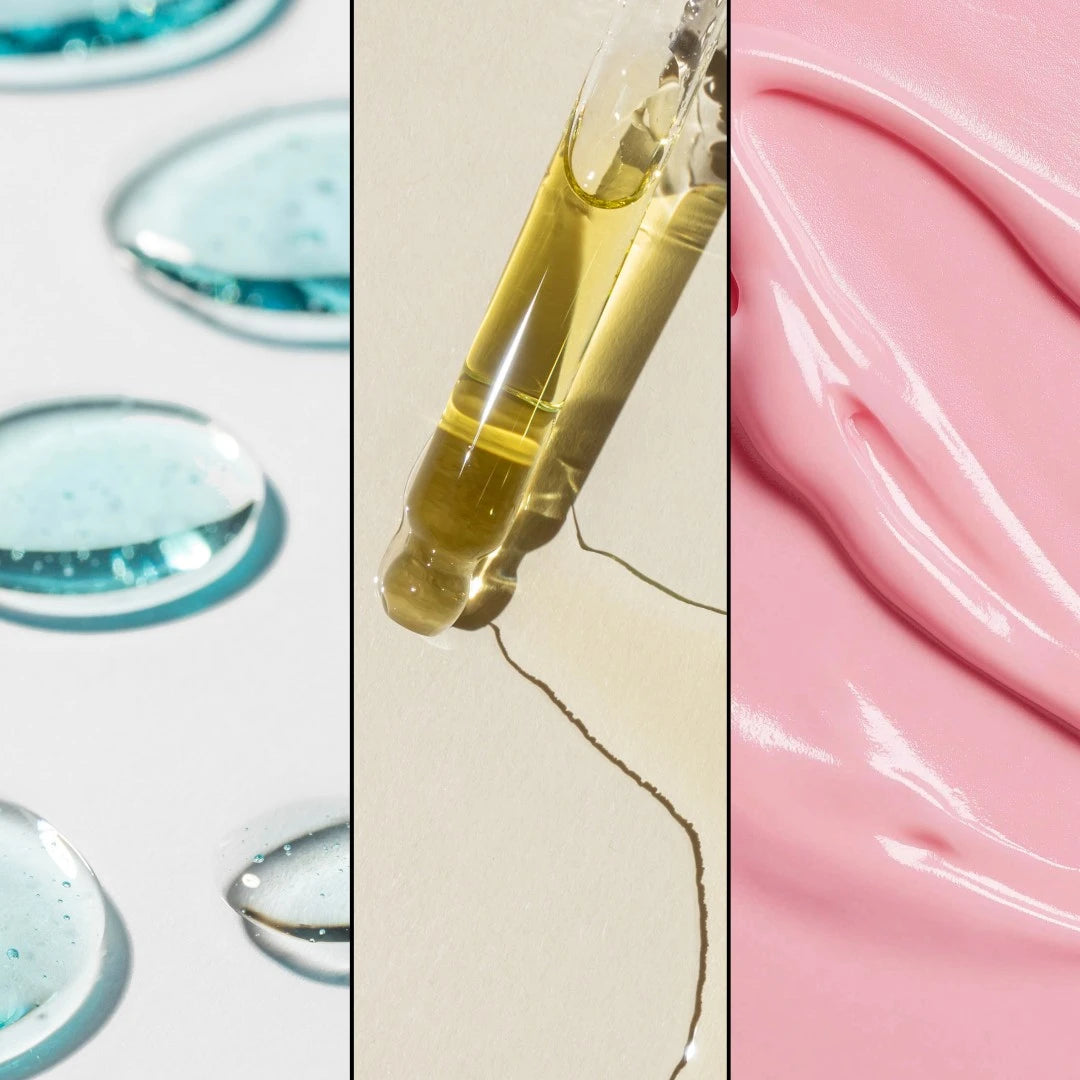 Textures du gel double hydratation, du sérum au bakuchiol et du sérum anti-âge aux peptides Seomse pour la routine lissante et fermeté.