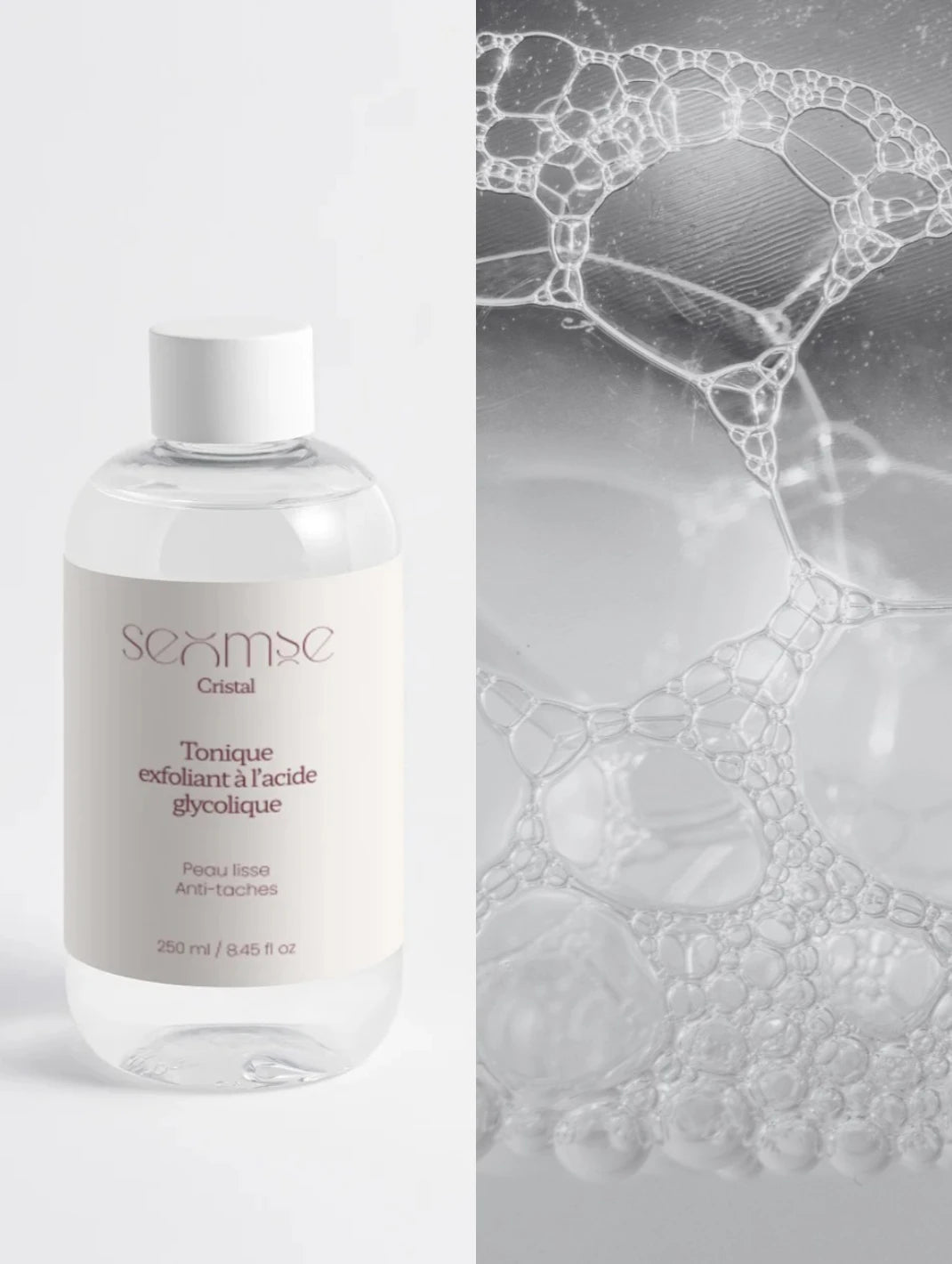 Flacon du tonique exfoliant à l’acide glycolique Seomse sur fond clair avec texture liquide, lotion tonique exfoliant visage à l’acide glycolique